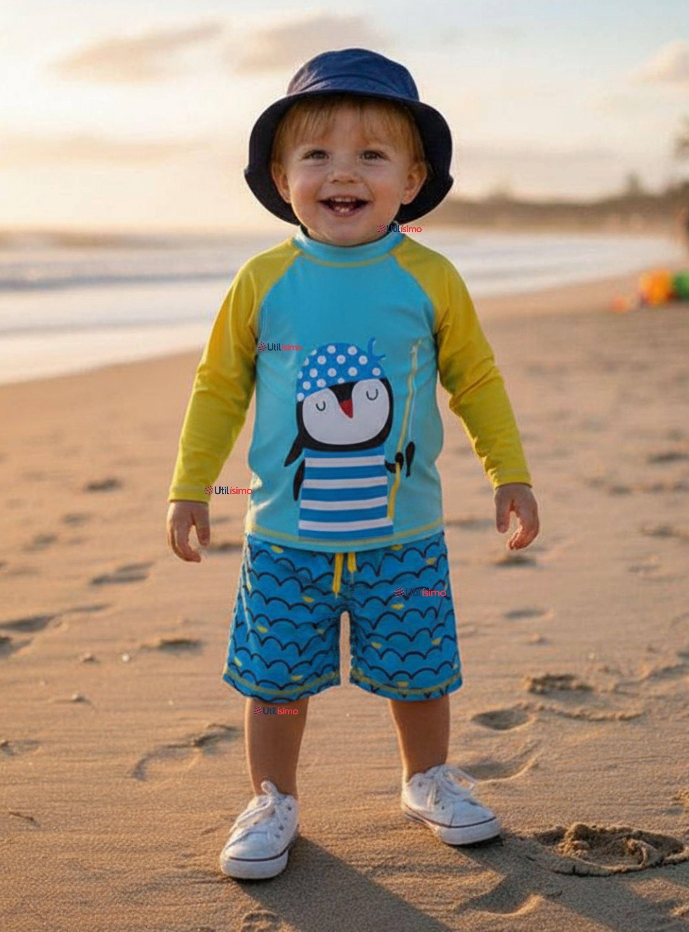 Traje de Baño Manga Larga Pantalón Corto 2 Piezas Corte Split Niño 3 a 9 años Blue Penguin-0