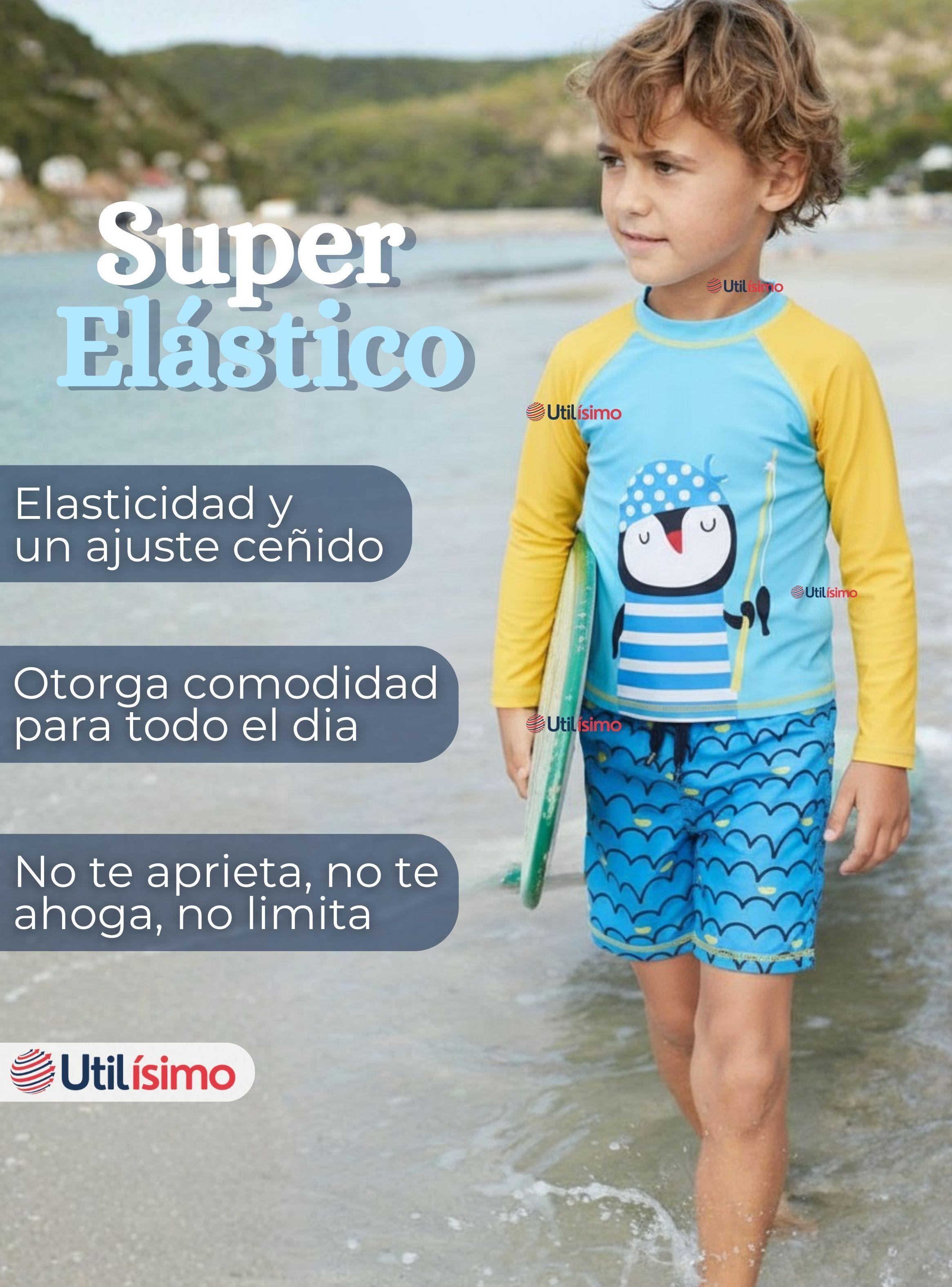 Traje de Baño Manga Larga Pantalón Corto 2 Piezas Corte Split Niño 3 a 9 años Blue Penguin-5