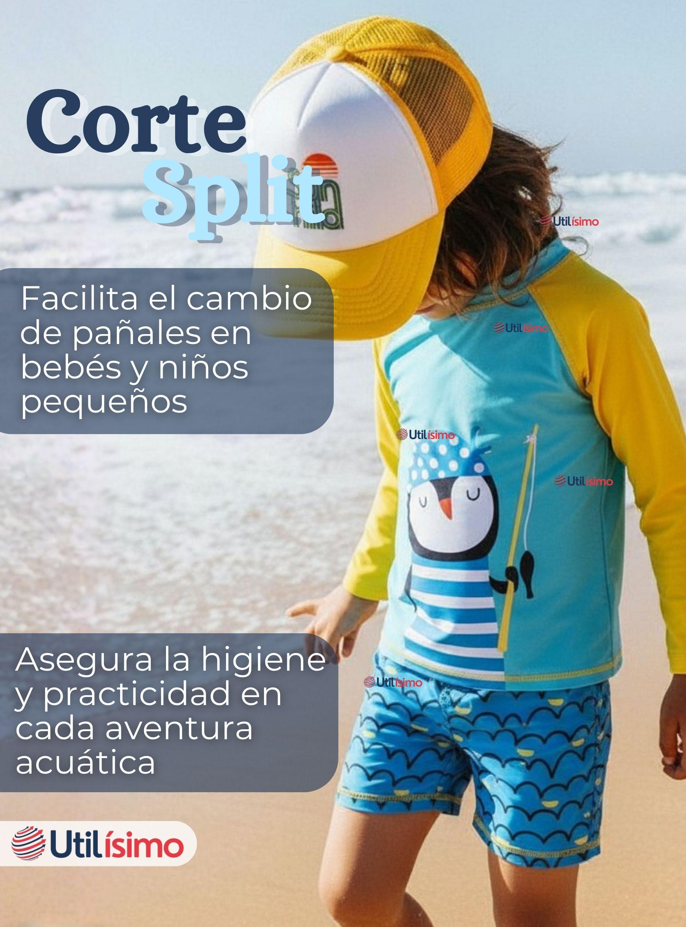 Traje de Baño Manga Larga Pantalón Corto 2 Piezas Corte Split Niño 3 a 9 años Blue Penguin-7