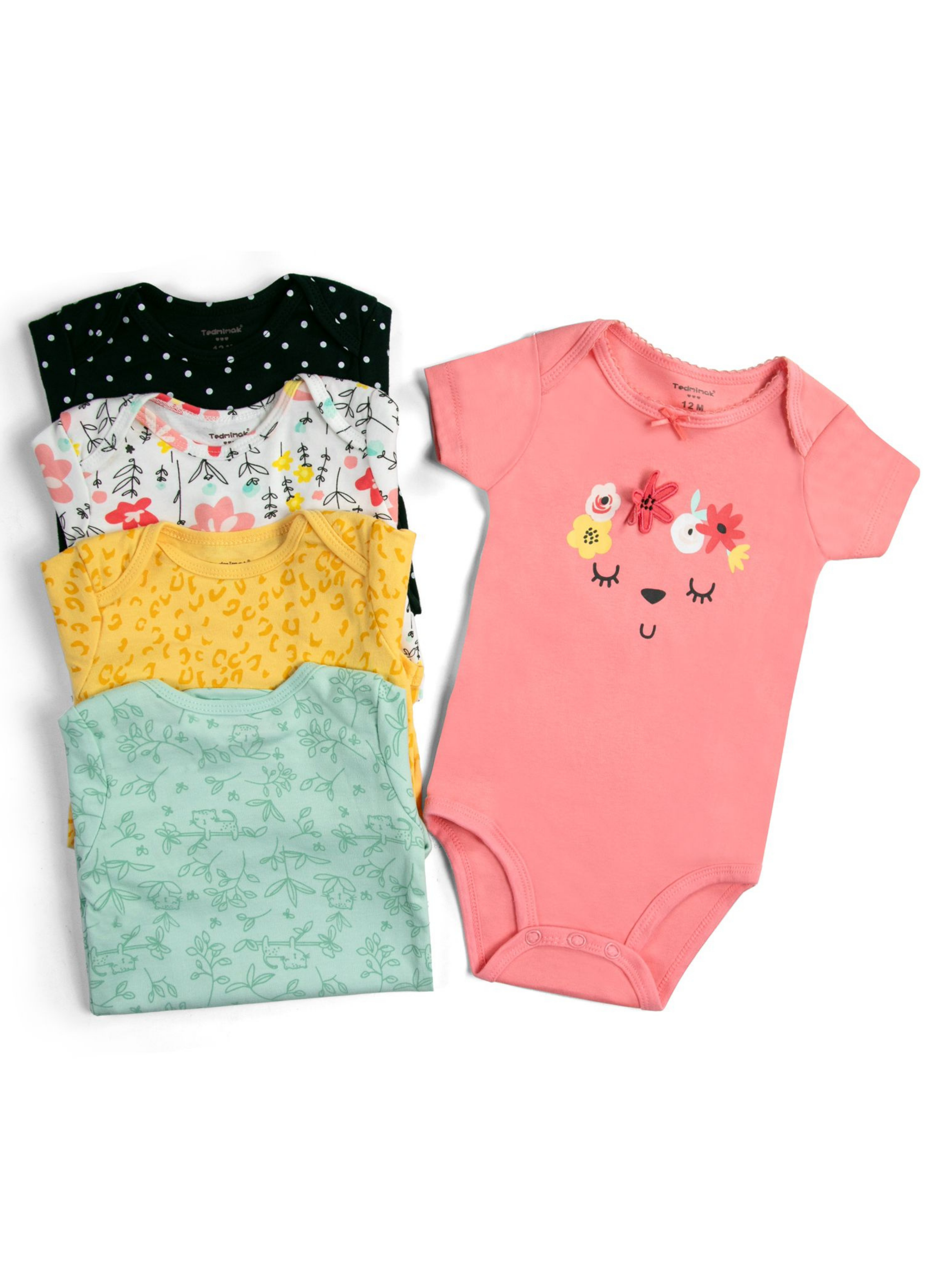 Pack 5 Bodys Niña Manga Corta Tedmimak 100% Algodón Rosa Floreado-1