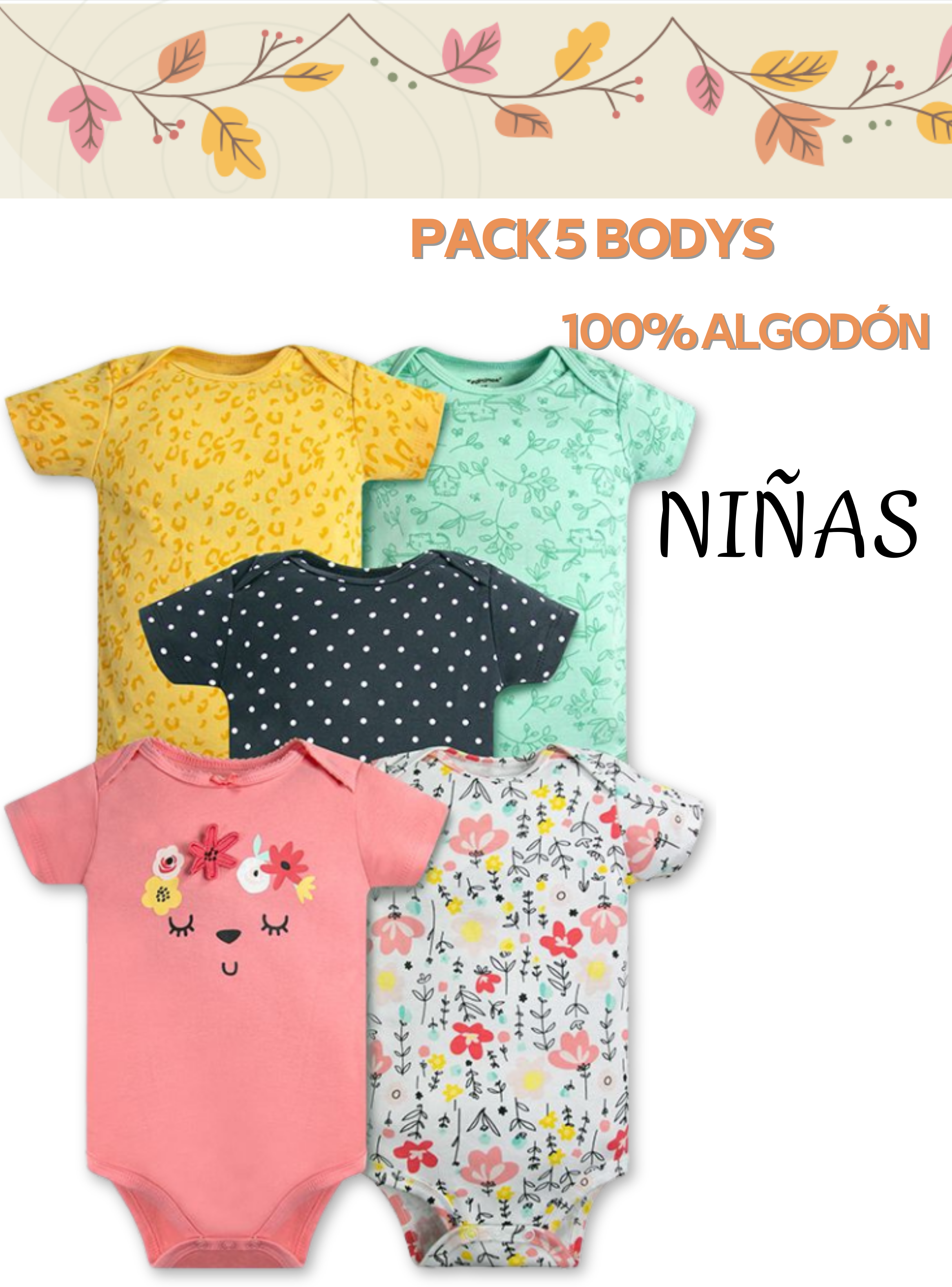 Pack 5 Bodys Niña Manga Corta Tedmimak 100% Algodón Rosa Floreado-4