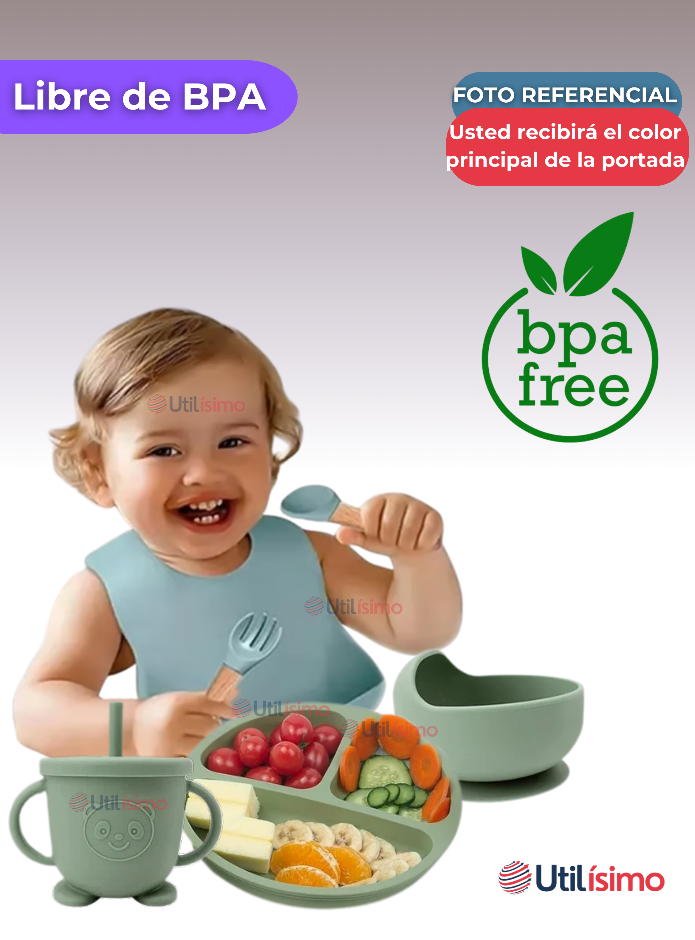 Set De Alimentación Bebé Silicona 6 Piezas Libre BPA Lila-2