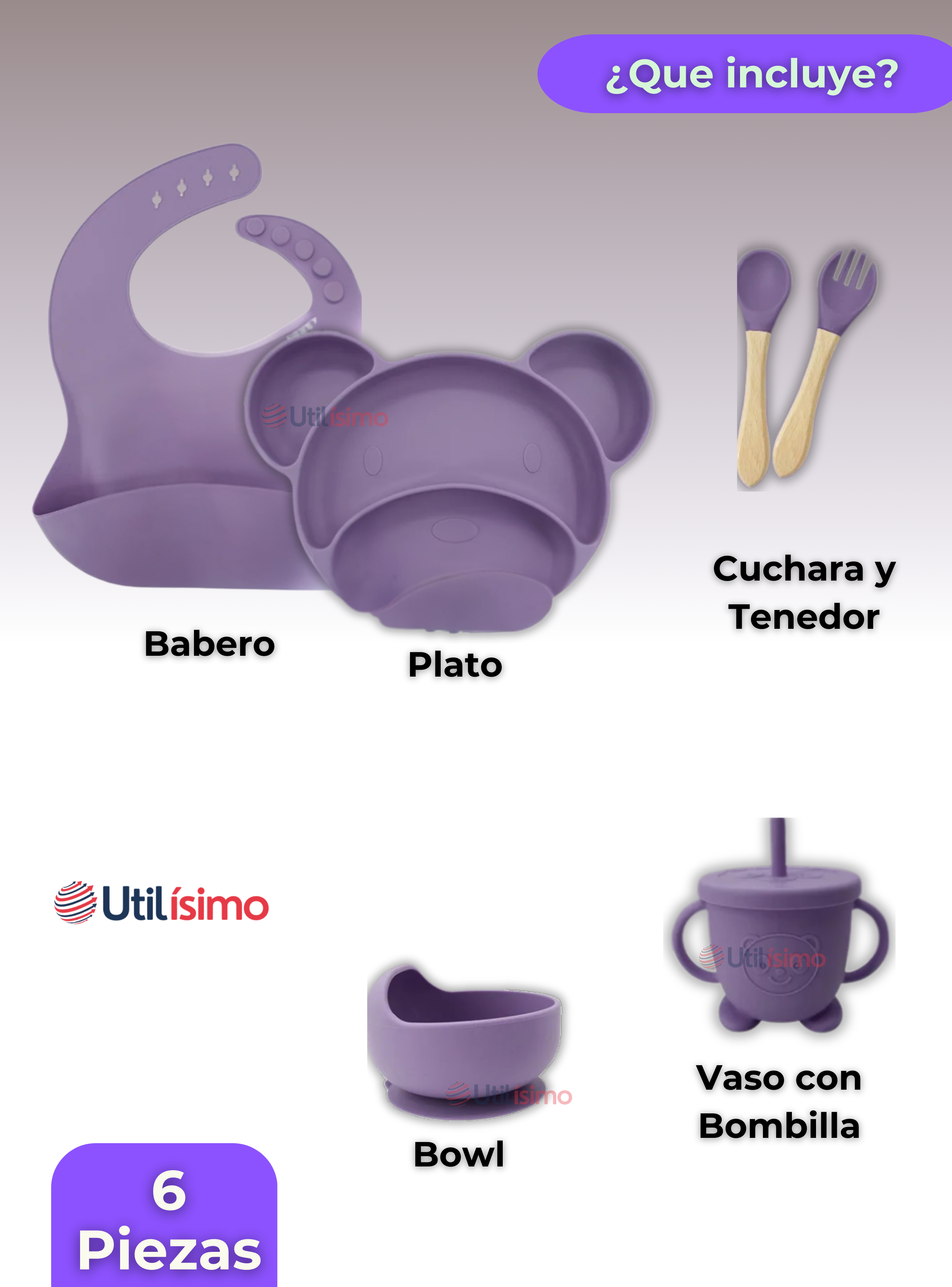 Set De Alimentación Bebé Silicona 6 Piezas Libre BPA Lila-5