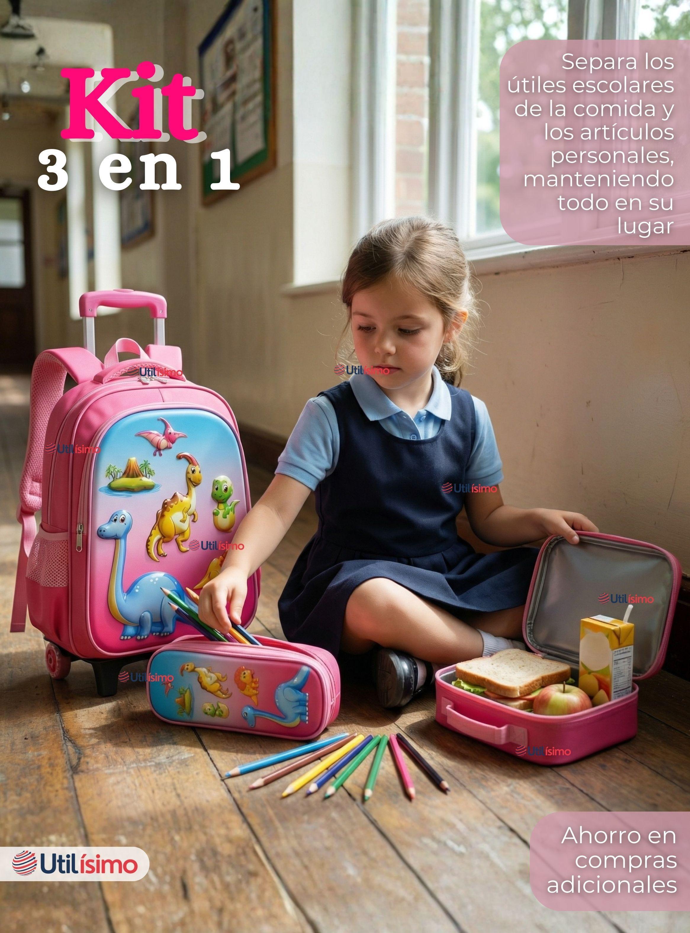 Mochila Escolar Con Ruedas + Estuche + Lonchera Desmontable de Poliéster Rosa Dinosaurio para Niñas-2
