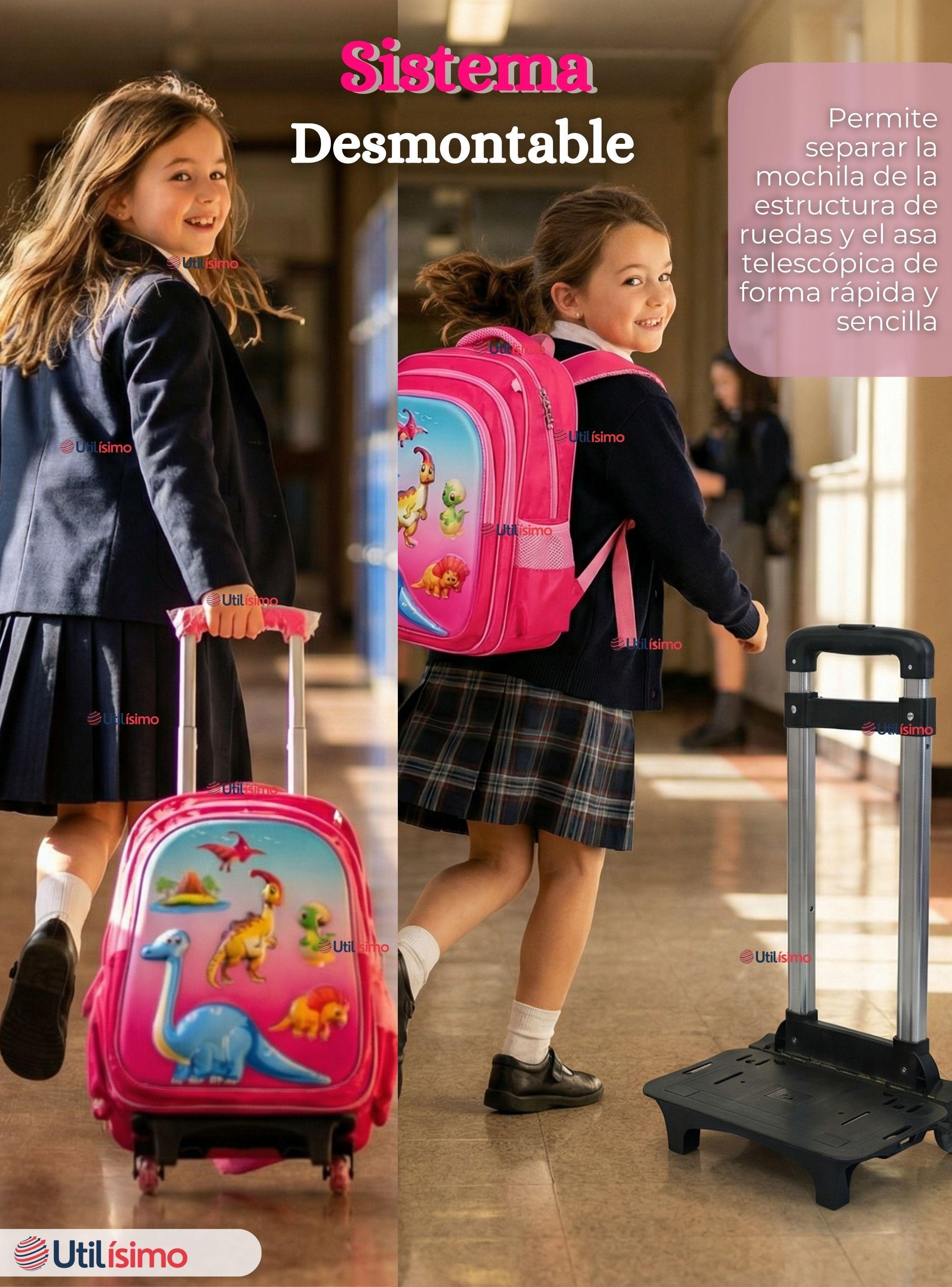 Mochila Escolar Con Ruedas + Estuche + Lonchera Desmontable de Poliéster Rosa Dinosaurio para Niñas-7