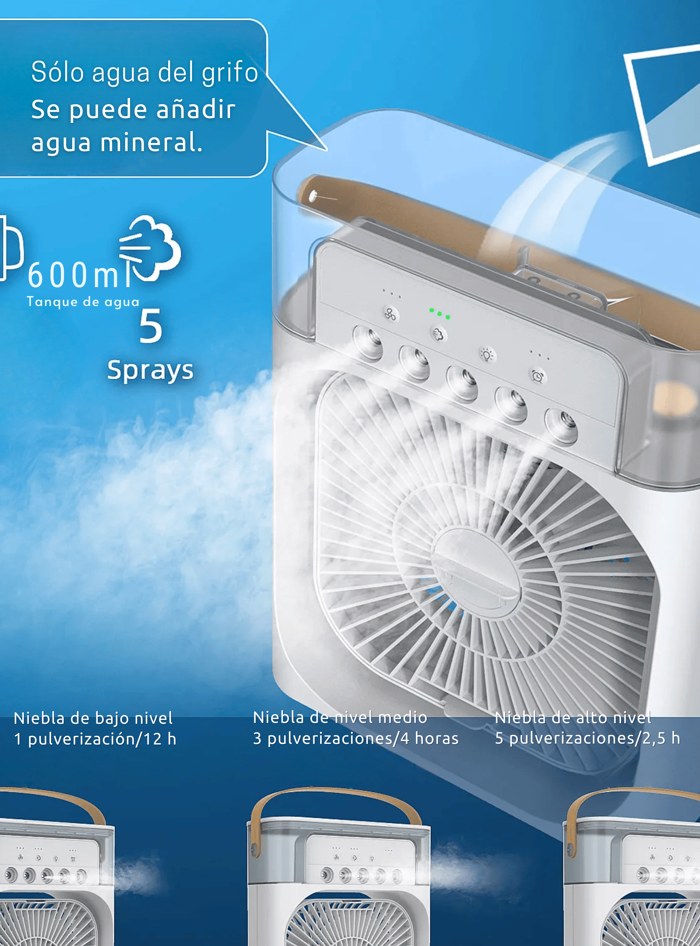 CLIMATIZADOR PORTÁTIL FRÍO 4 EN 1 VENTILADOR HUMIFICADOR ENFRIADOR LAMPARA LED 220V USB-4