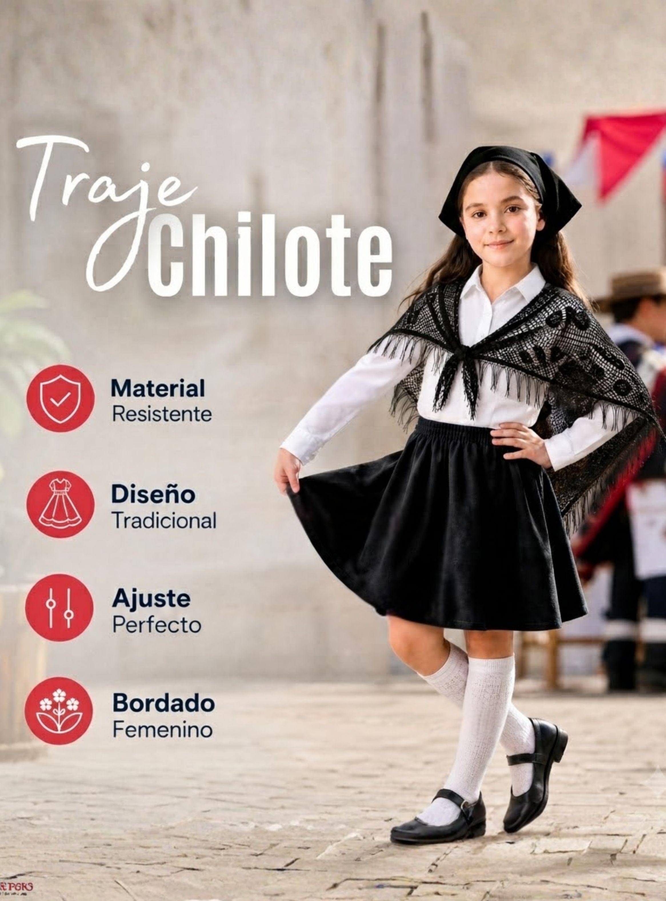 Traje Chilote Niña de 3 Piezas Negro Fiestas Patrias Baile Típico-4