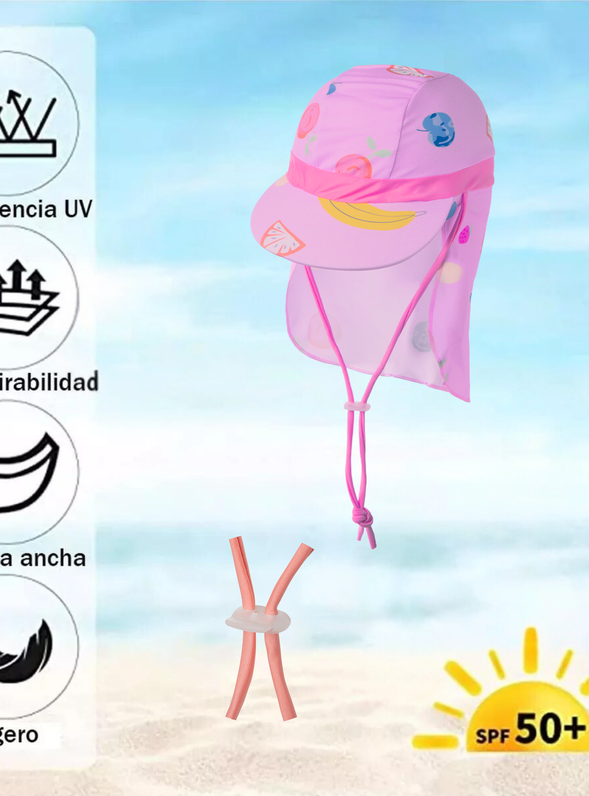 Gorro para el Sol con Solapas Protección UV Niñas de 1 a 10 Años Rosa Frutas-1