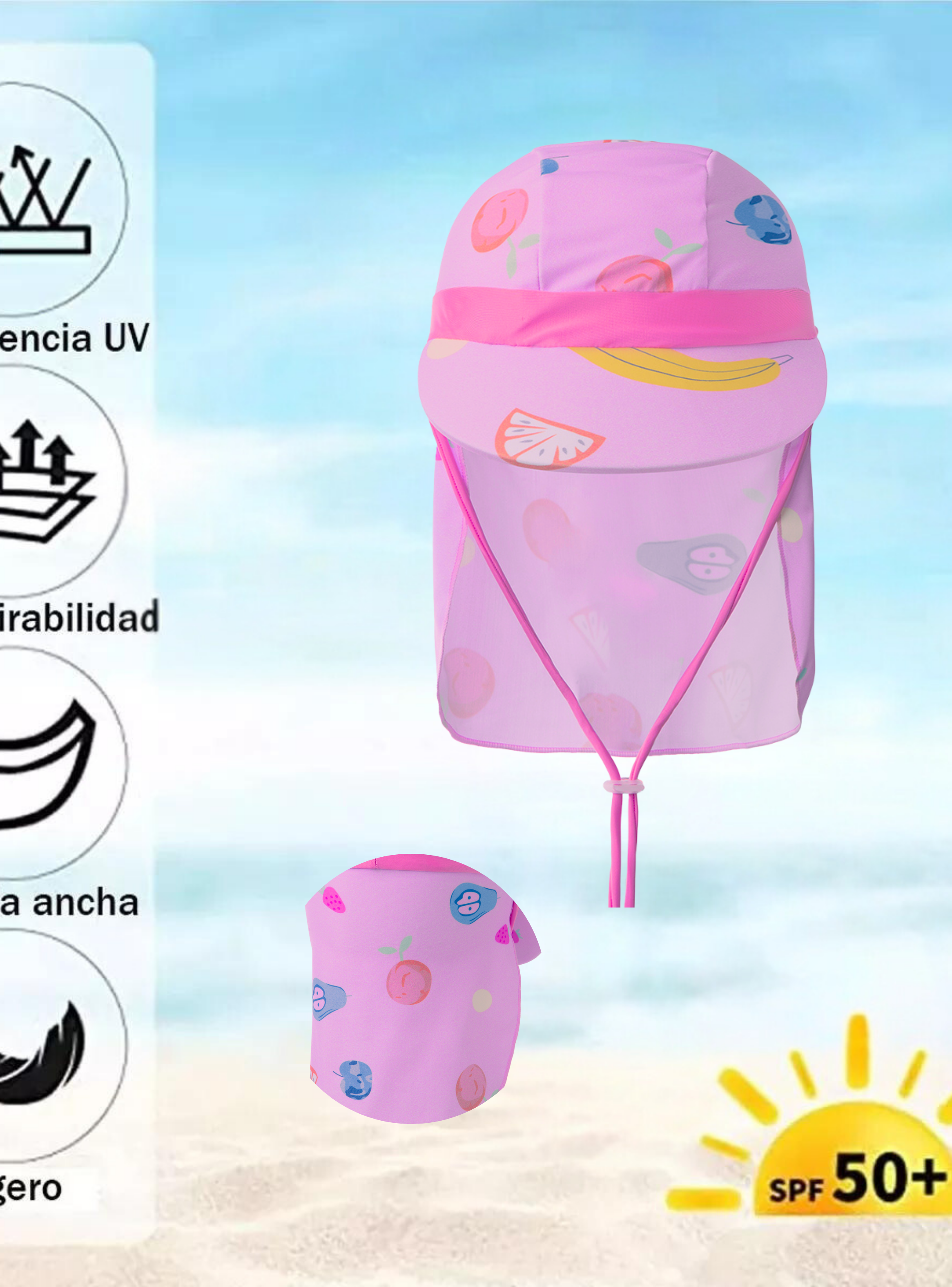 Gorro para el Sol con Solapas Protección UV Niñas de 1 a 10 Años Rosa Frutas-2