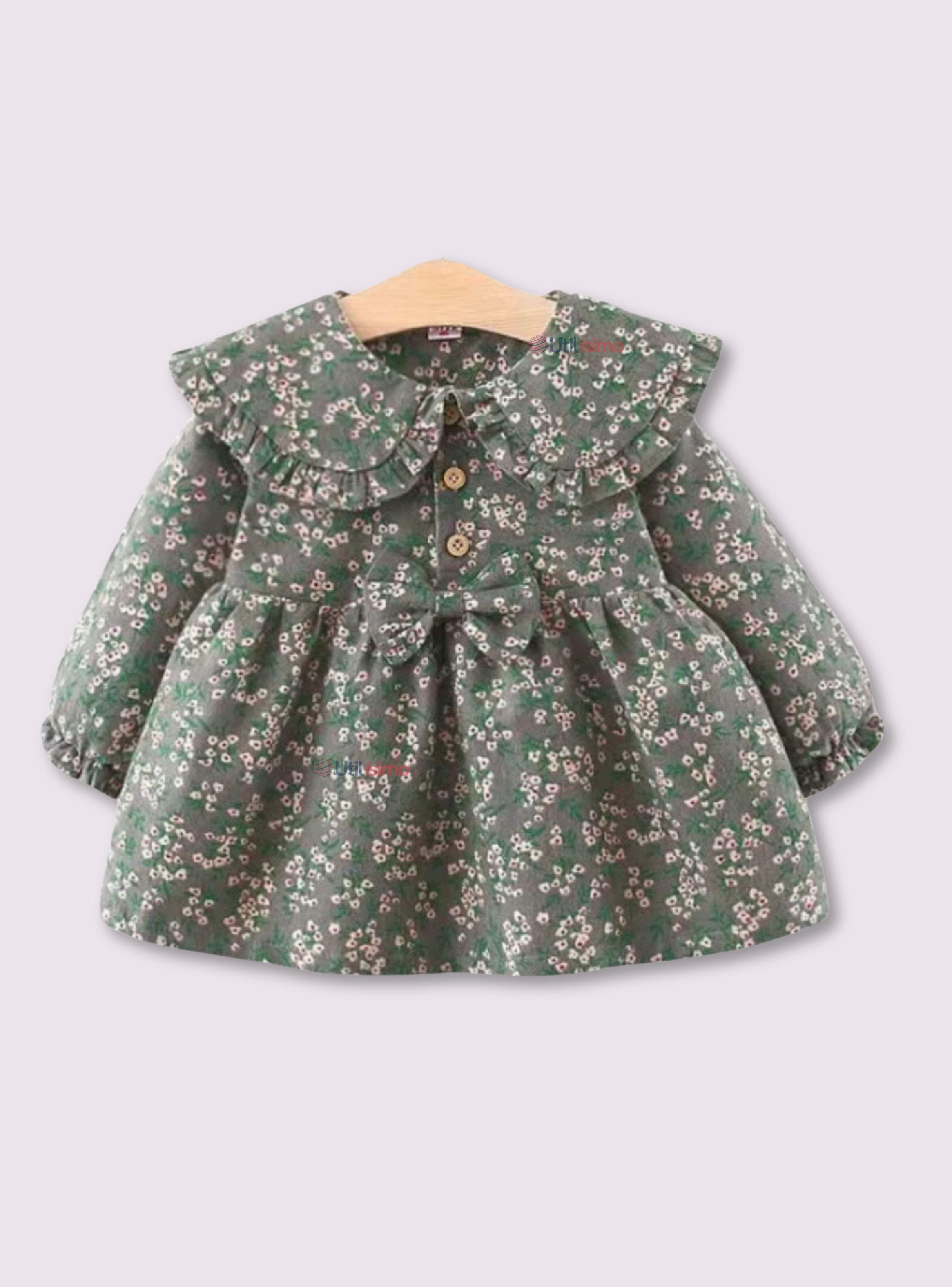 Vestido De Cotelé Floreado Forrado En Plush Niña Gris-0