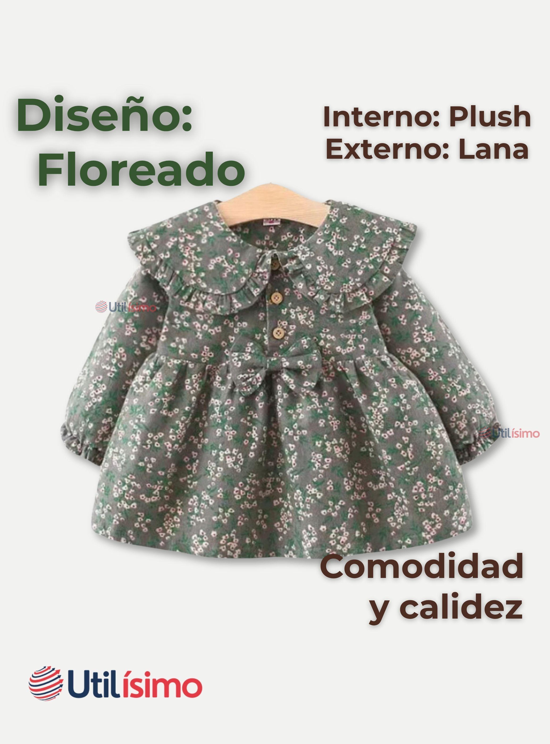 Vestido De Cotelé Floreado Forrado En Plush Niña Gris-1