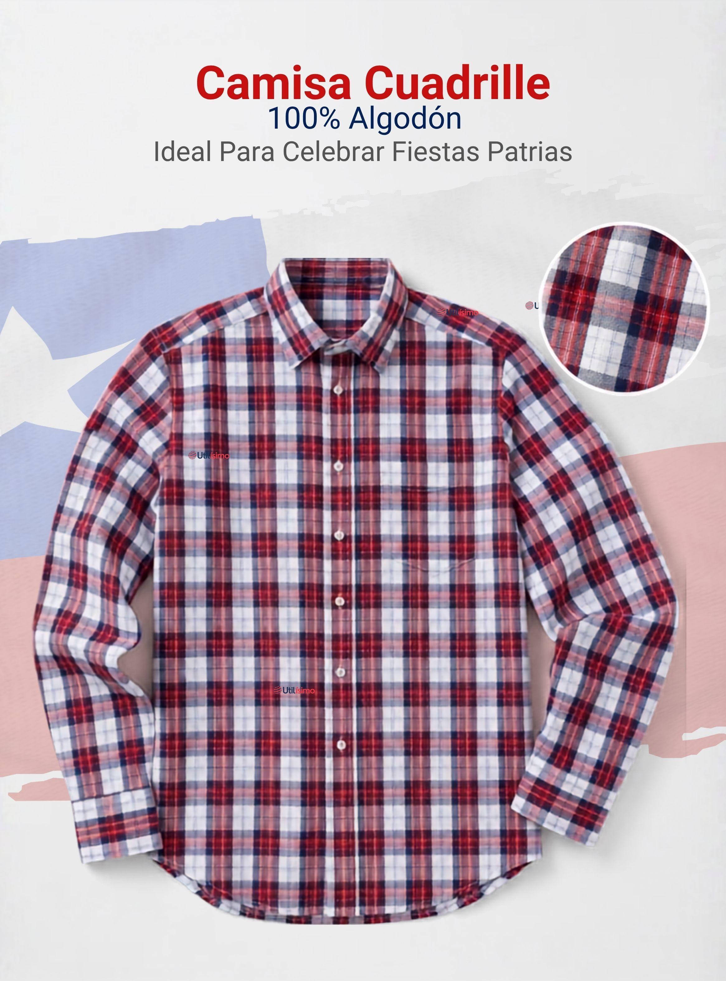 Camisa Huaso Cuadrillé Hombre Manga Larga 100% Algodón Azul Blanco Casual-1
