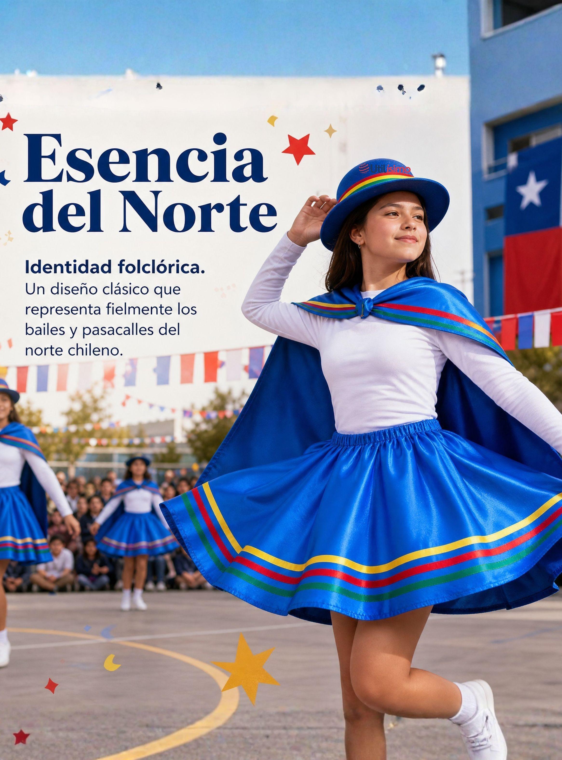 Traje Nortino Niña Azul 4 Piezas Con Polera Baile Típico Fiestas Patrias-5