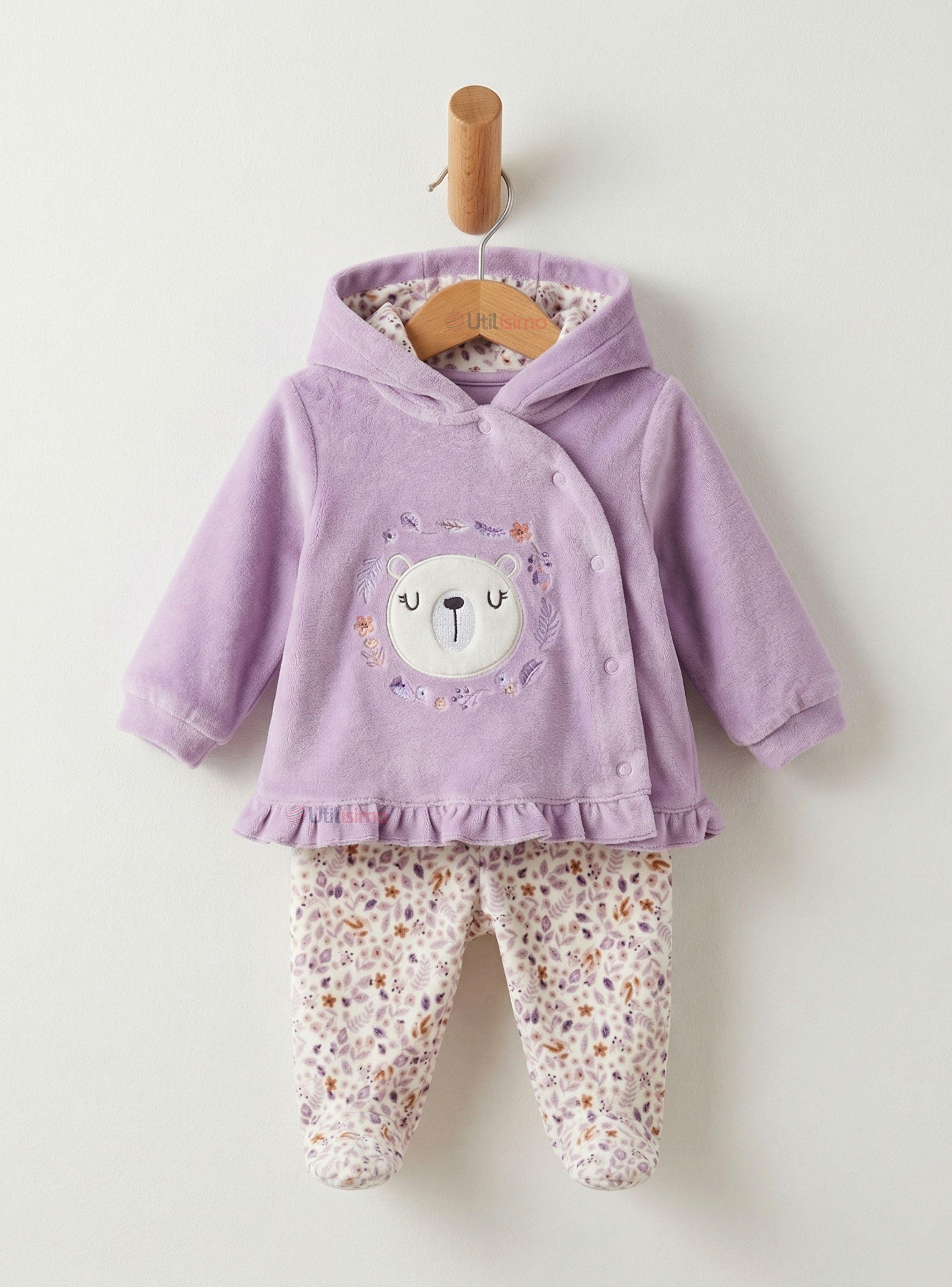 Conjunto 2 Piezas Buzo Pantalón Polerón Con Capucha Tela Plush Lila Bebé Niña-0