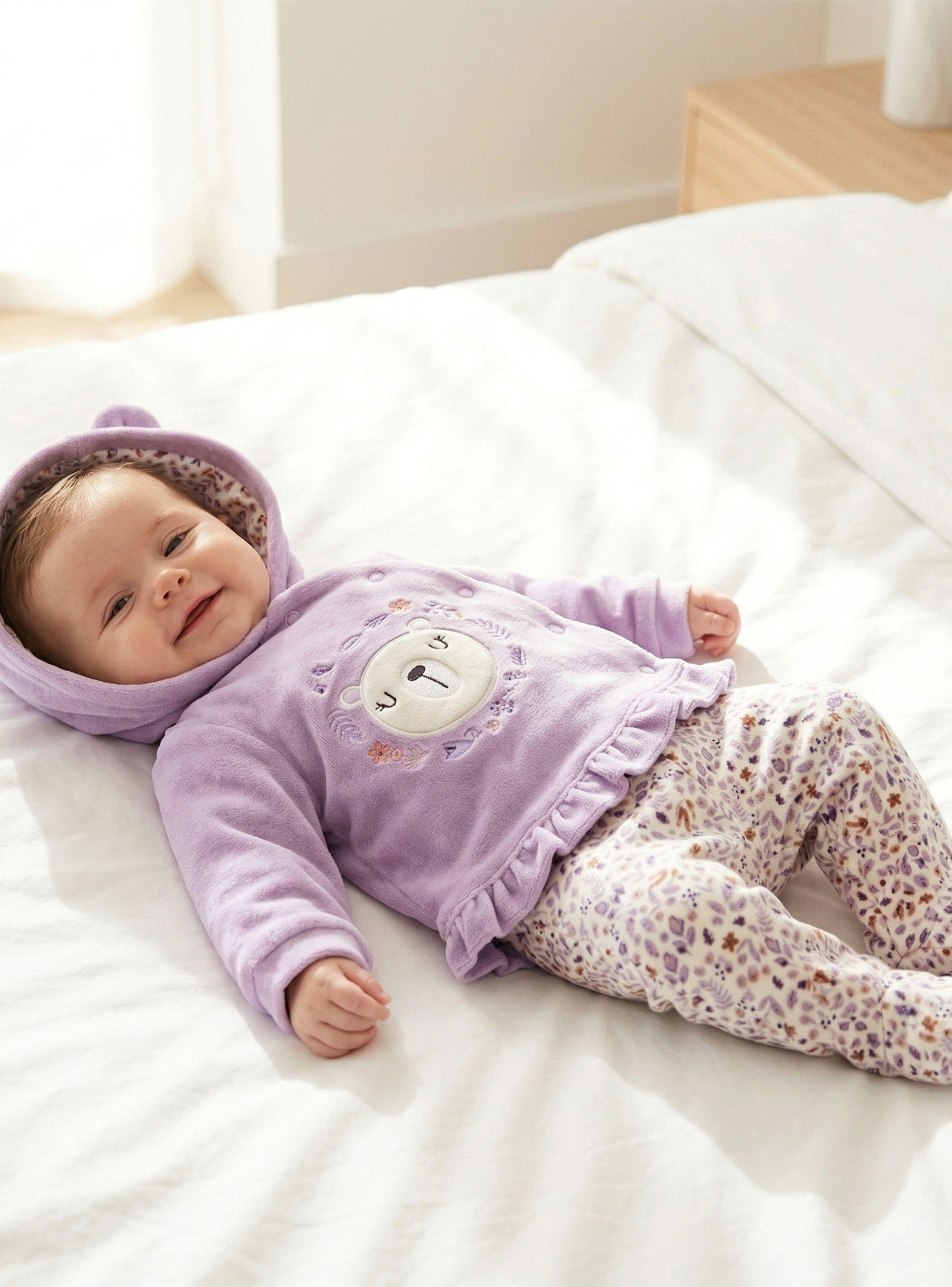 Conjunto 2 Piezas Buzo Pantalón Polerón Con Capucha Tela Plush Lila Bebé Niña-1