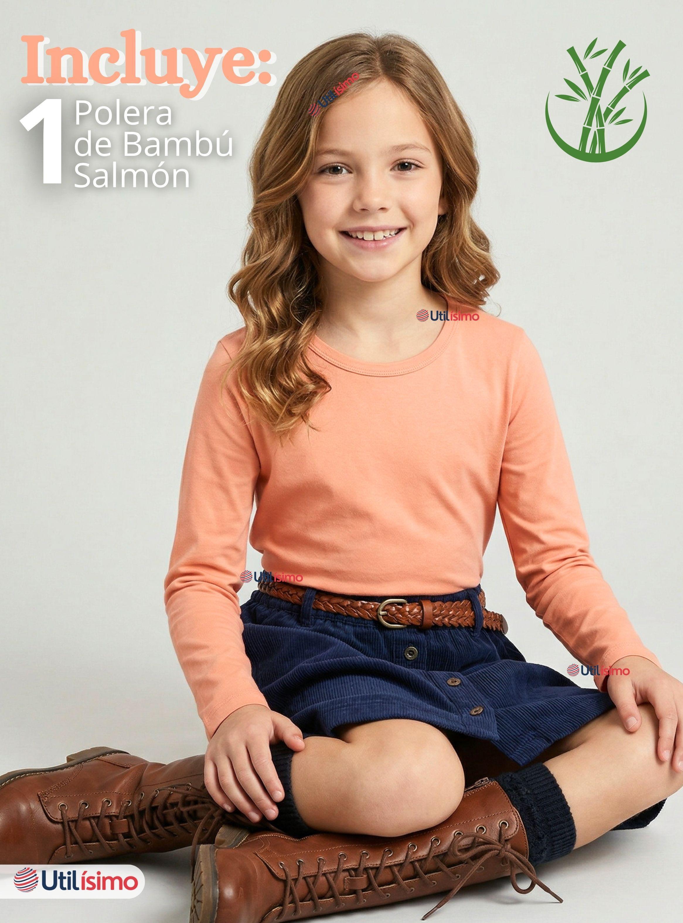 Camiseta Polera Bambú Cuello Redondo Salmón Primera Capa de Mangas Largas para Niñas-1