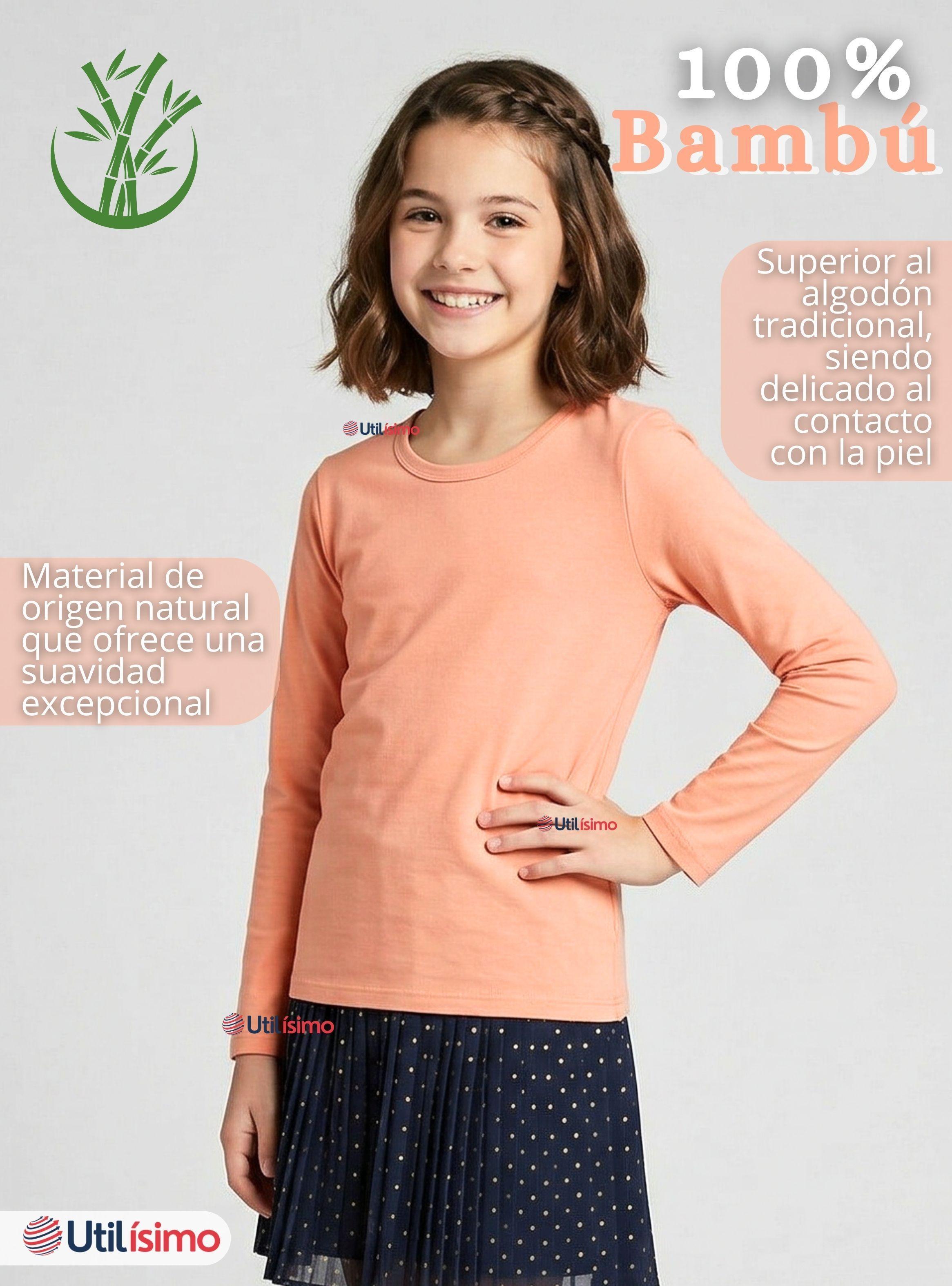 Camiseta Polera Bambú Cuello Redondo Salmón Primera Capa de Mangas Largas para Niñas-3