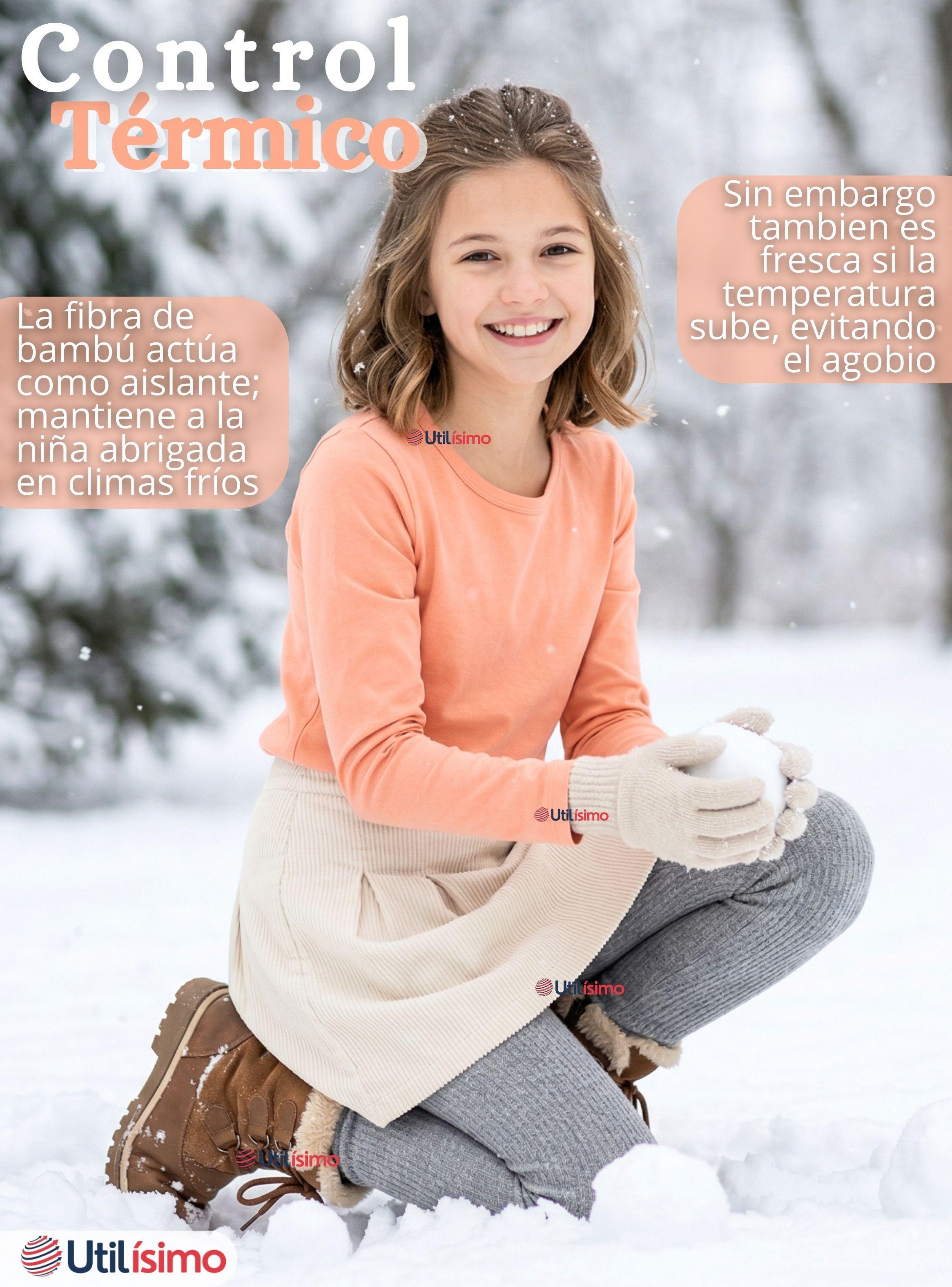 Camiseta Polera Bambú Cuello Redondo Salmón Primera Capa de Mangas Largas para Niñas-4