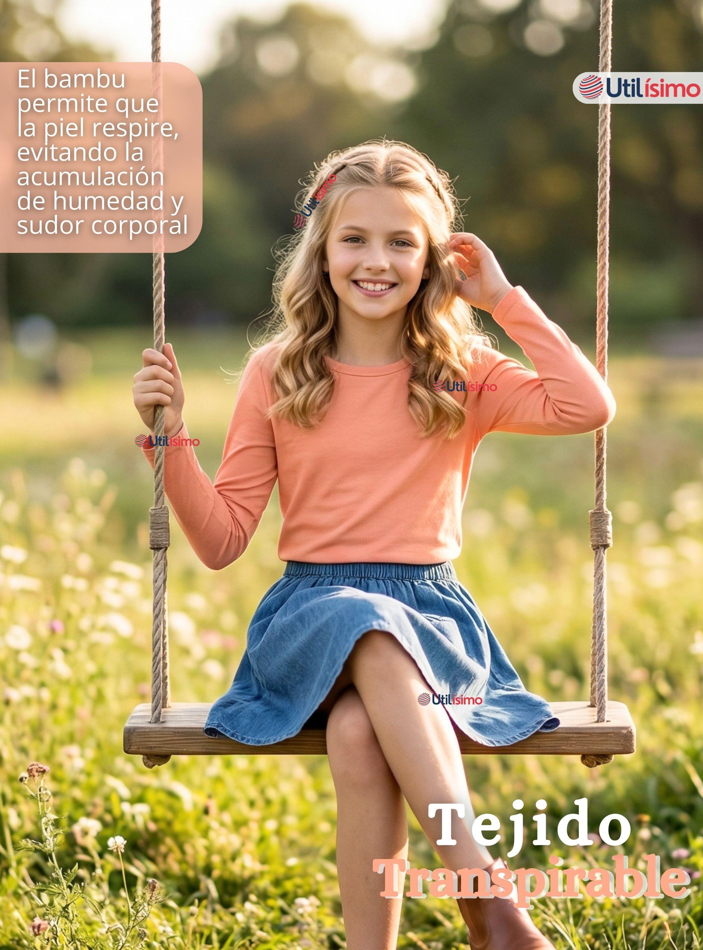 Camiseta Polera Bambú Cuello Redondo Salmón Primera Capa de Mangas Largas para Niñas-6