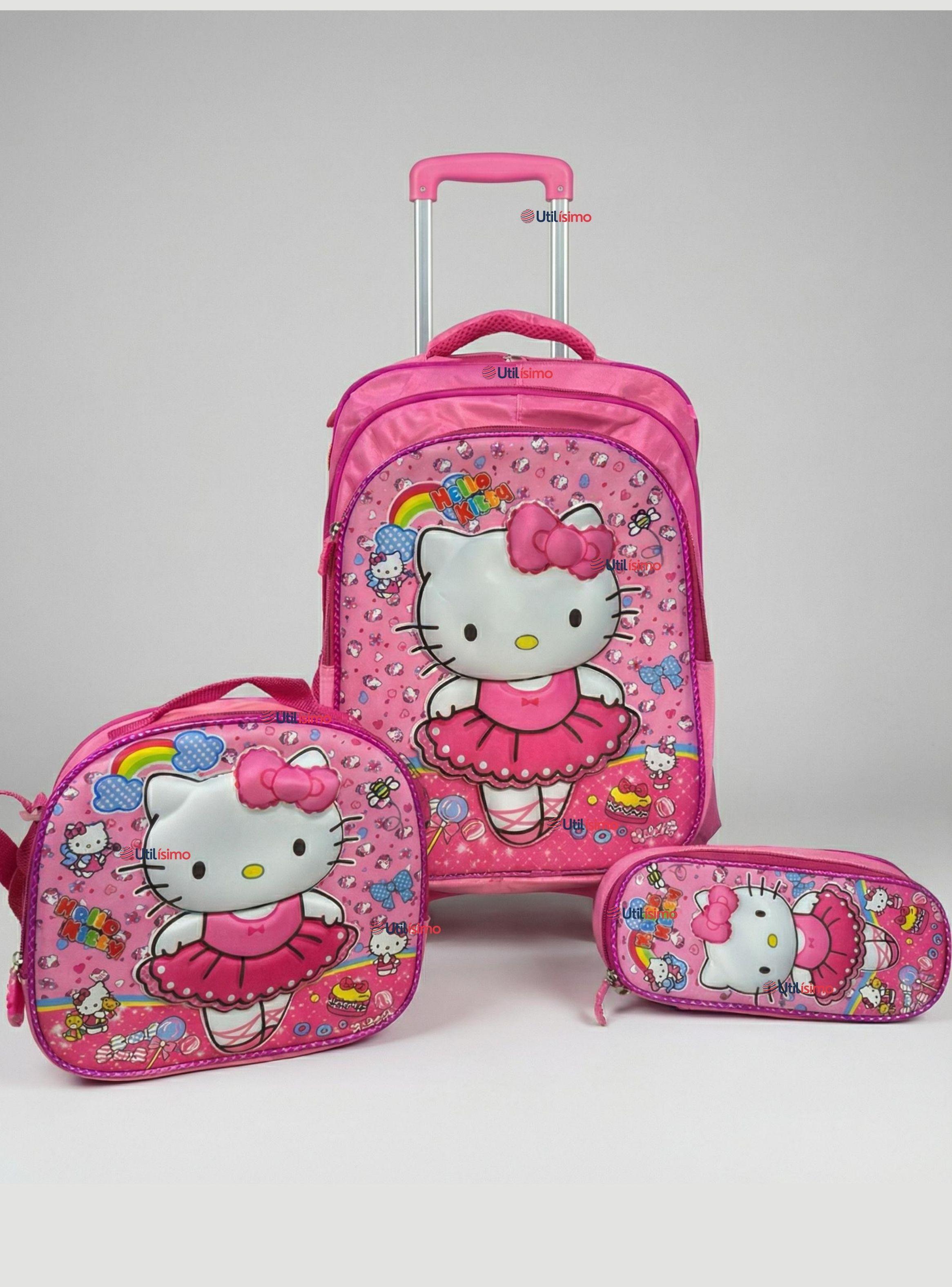 Mochila Escolar Hello Kitty Bailarina Con Ruedas Desmontables + Estuche + Lonchera Poliéster-0