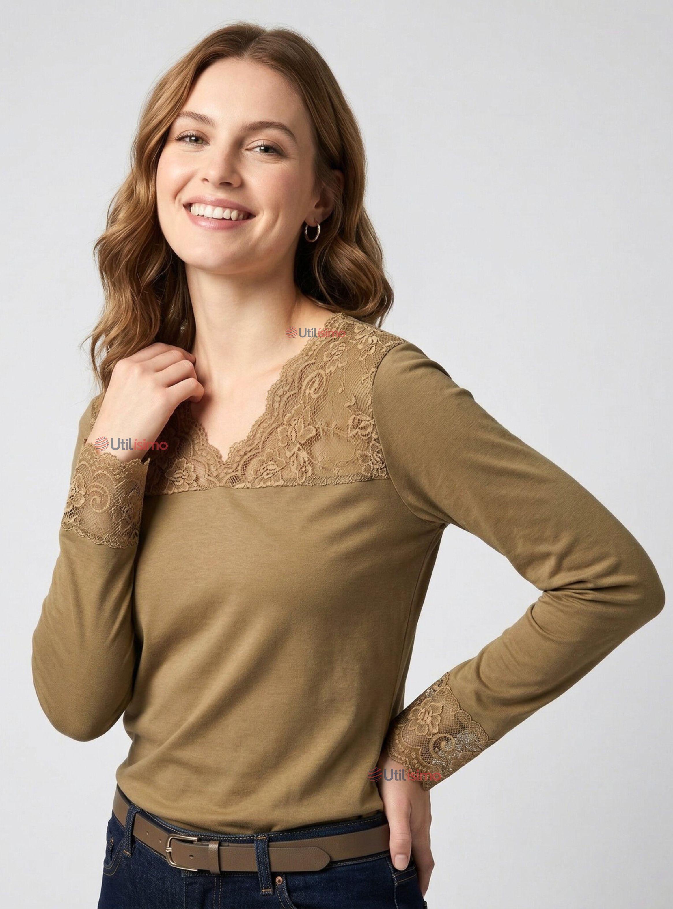 Camiseta Polera Bambú Cuello V Manga Larga Con Encaje Color Surtido Mujer-0