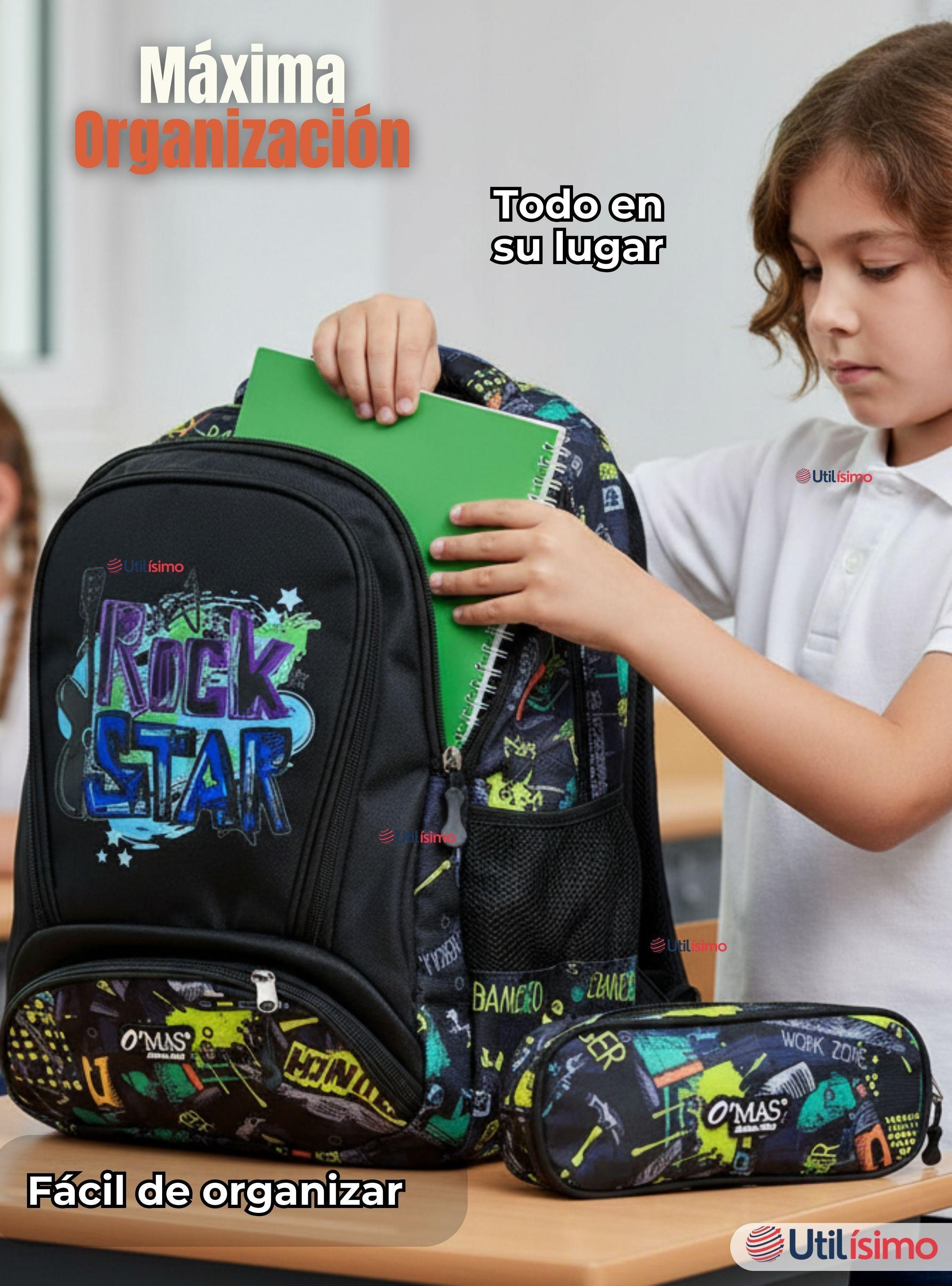 Mochila Escolar Kit Con Estuche y Lonchera 45cm Tela Oxford Rock Star para Niños-7