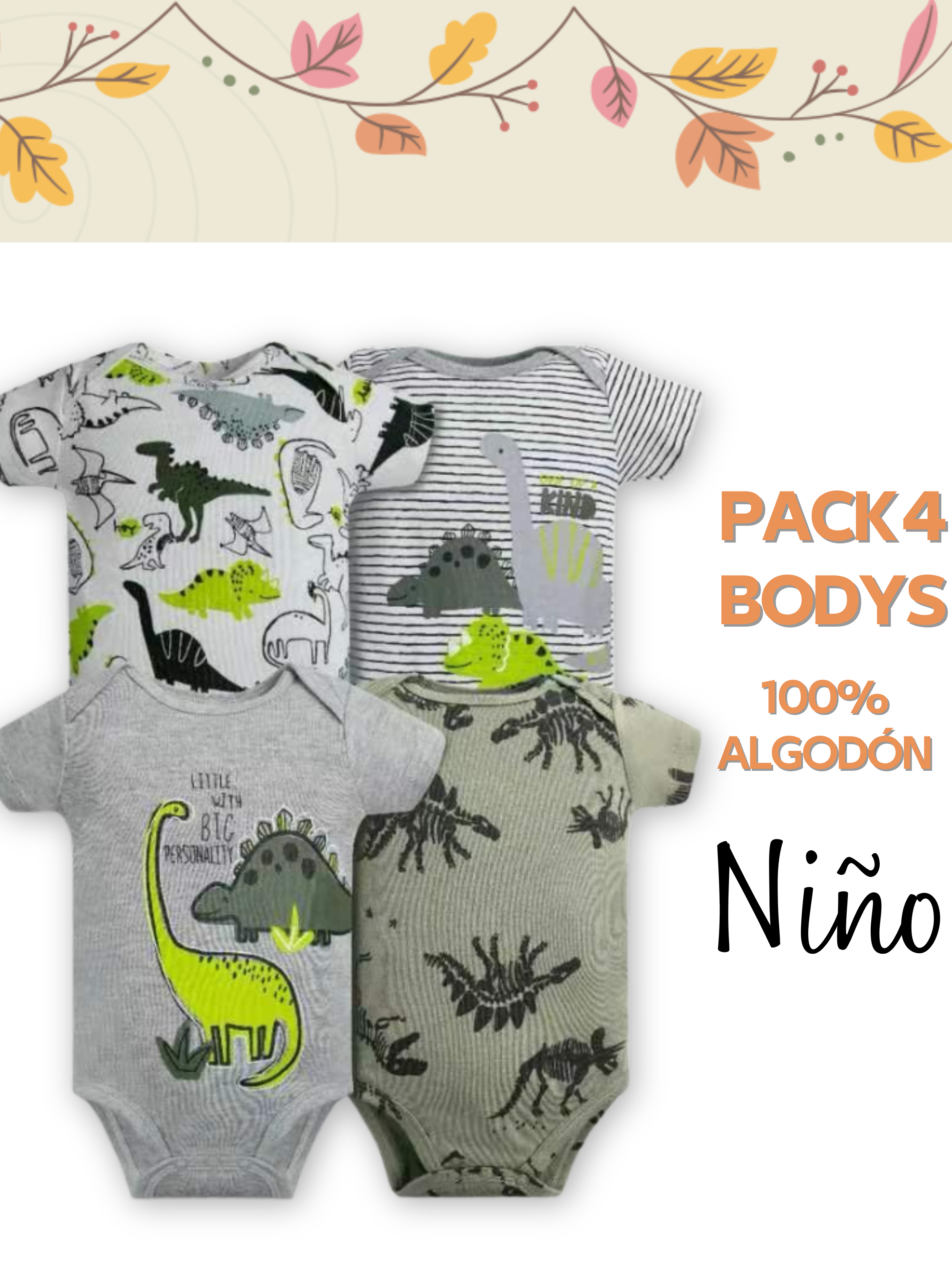 Pack 4 Bodys Niño Manga Corta Tedmimak 100% Dinosaurios Animados-4