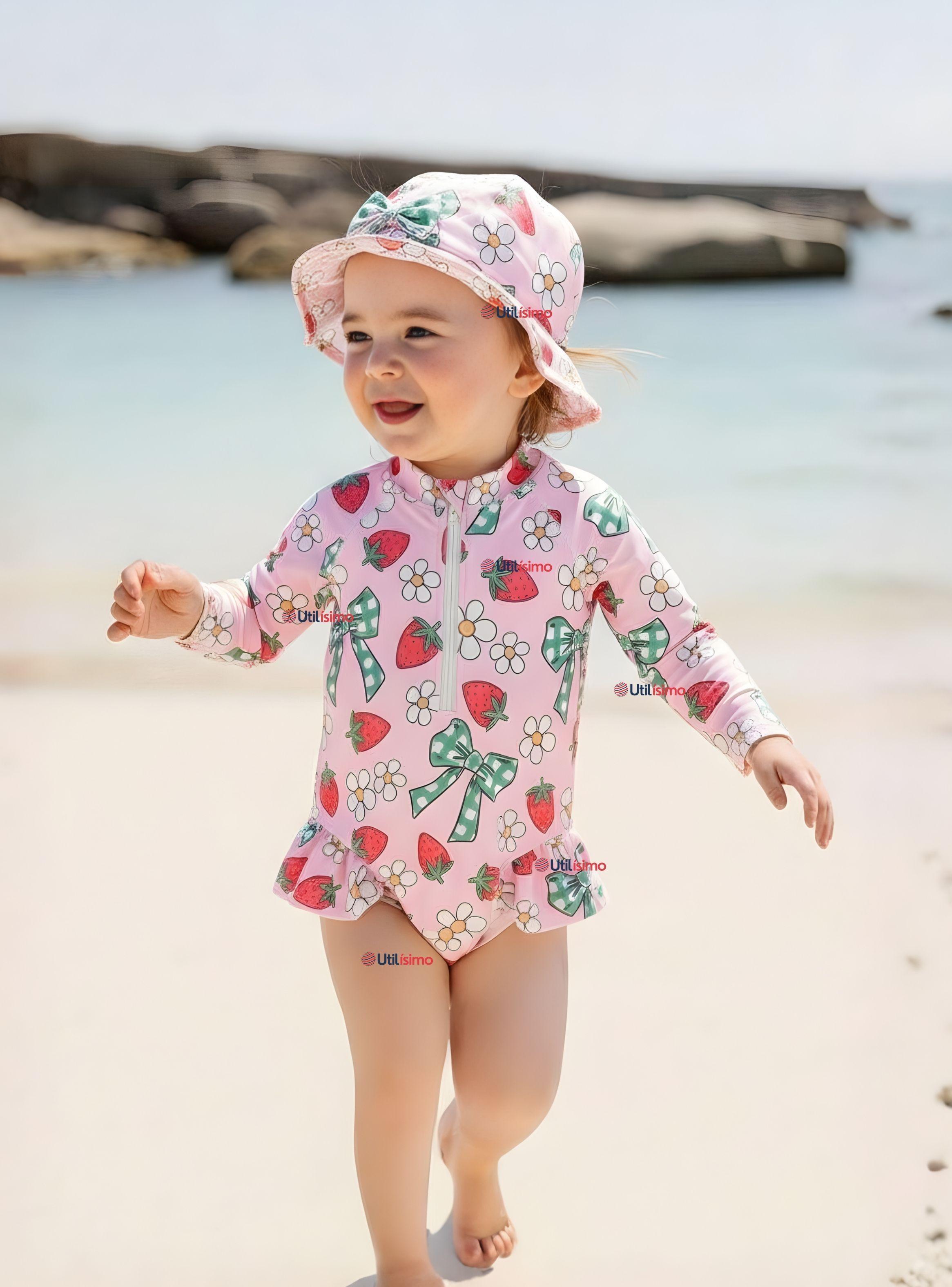 Traje de Baño Enterito Manga Larga Con Gorro 2 Piezas para Niña de 9 a 36 Meses Flores frutilla-0