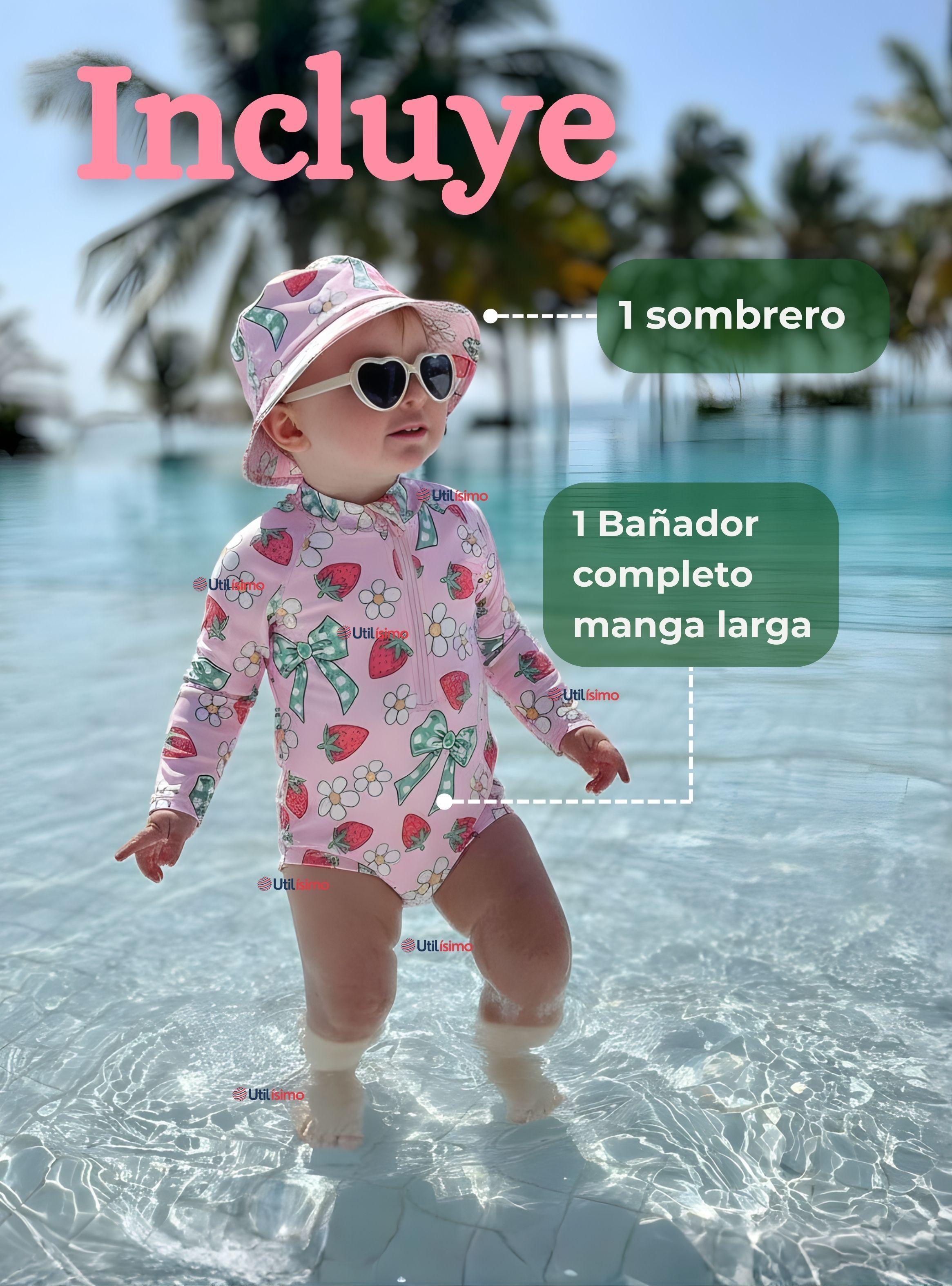 Traje de Baño Enterito Manga Larga Con Gorro 2 Piezas para Niña de 9 a 36 Meses Flores frutilla-1