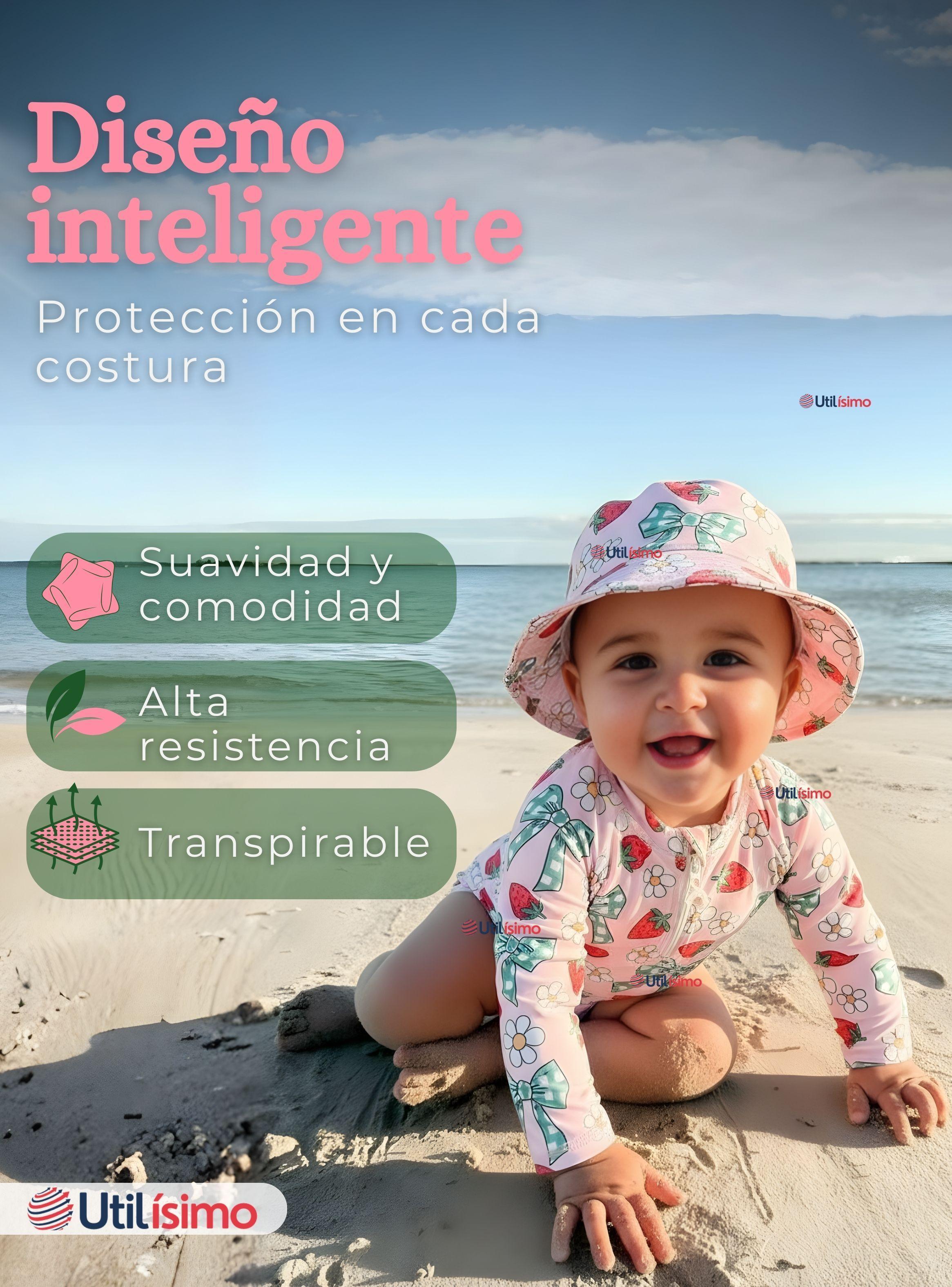 Traje de Baño Enterito Manga Larga Con Gorro 2 Piezas para Niña de 9 a 36 Meses Flores frutilla-6