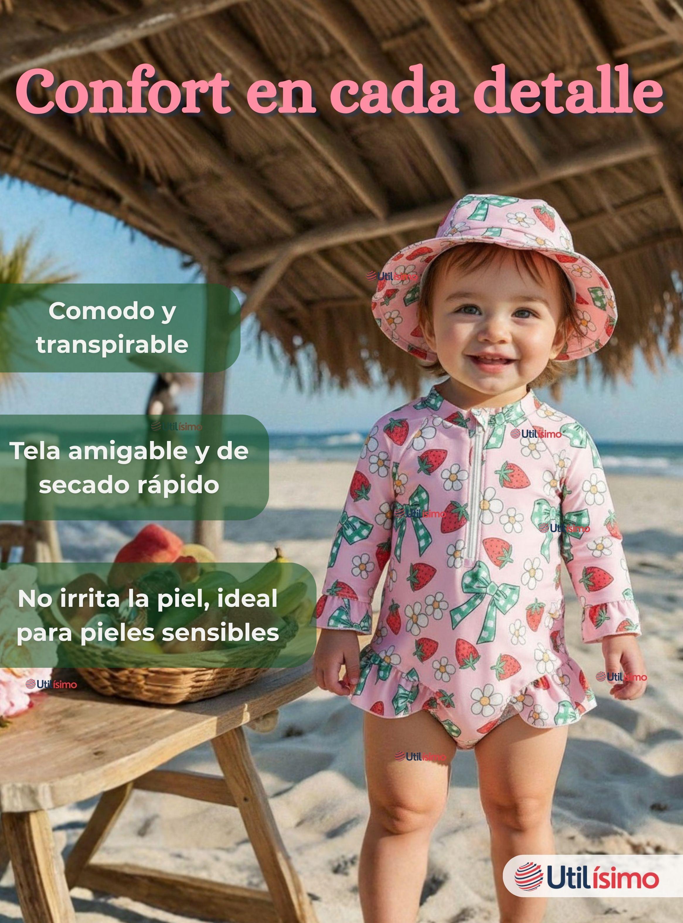 Traje de Baño Enterito Manga Larga Con Gorro 2 Piezas para Niña de 9 a 36 Meses Flores frutilla-7