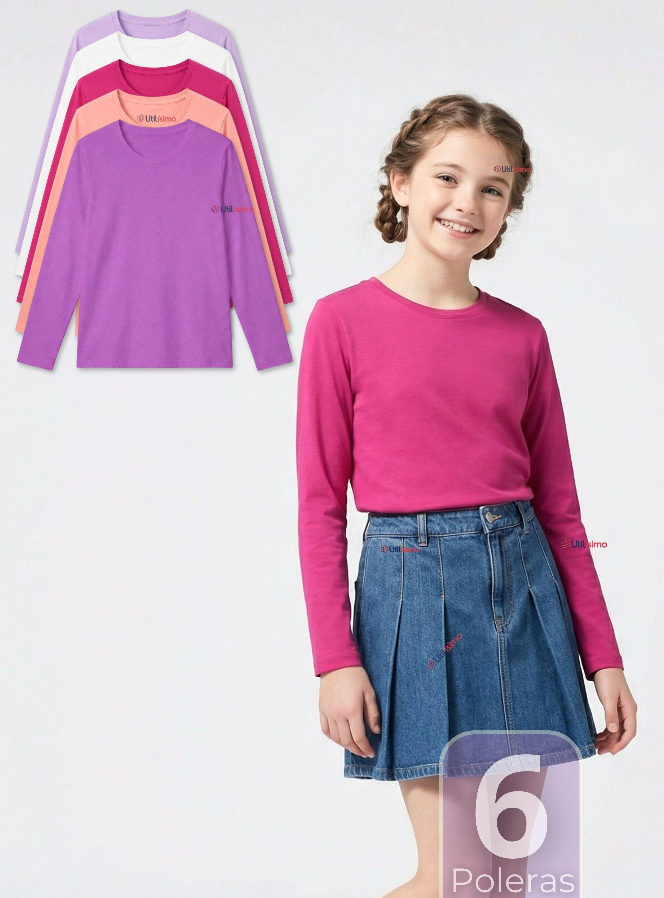 Pack 6 Polera Camiseta Polar Primera Capa Cuello Redondo Manga Largas Colores Surtidos para Niñas-0