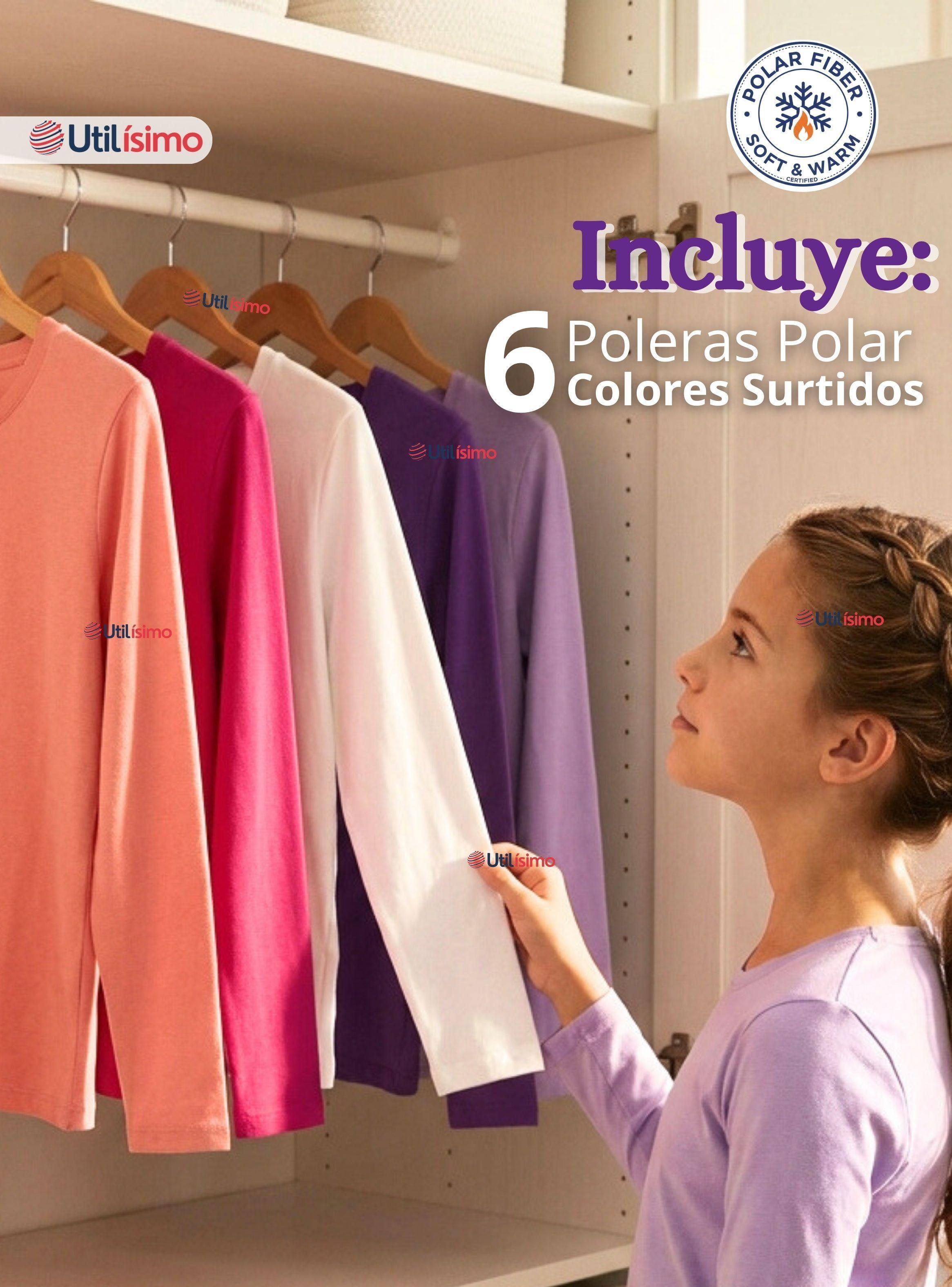 Pack 6 Polera Camiseta Polar Primera Capa Cuello Redondo Manga Largas Colores Surtidos para Niñas-3