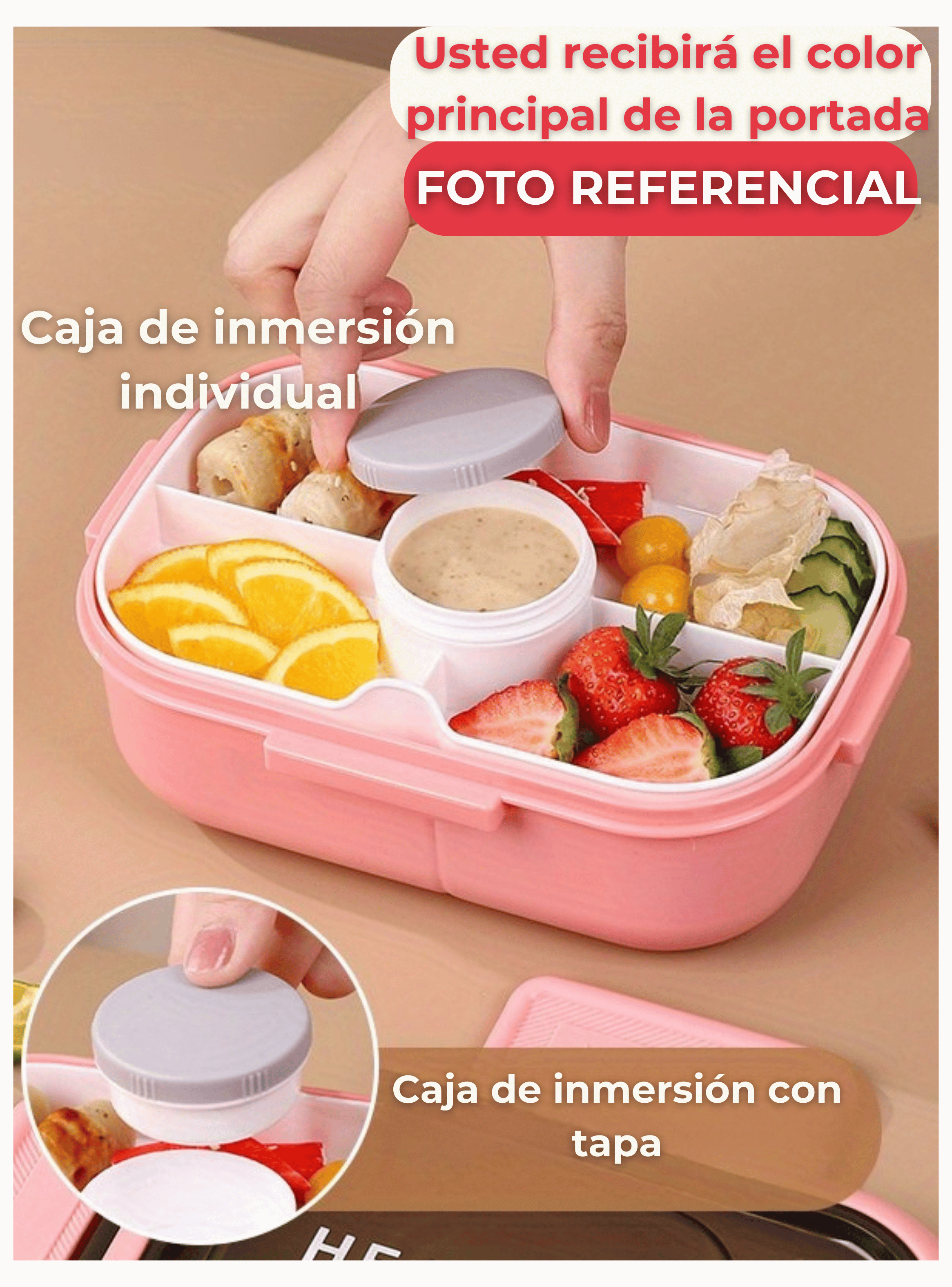 Fiambrera Contenedor 1200 Ml Bento Box Táper Hermético + Salsera Plástico Pink-3