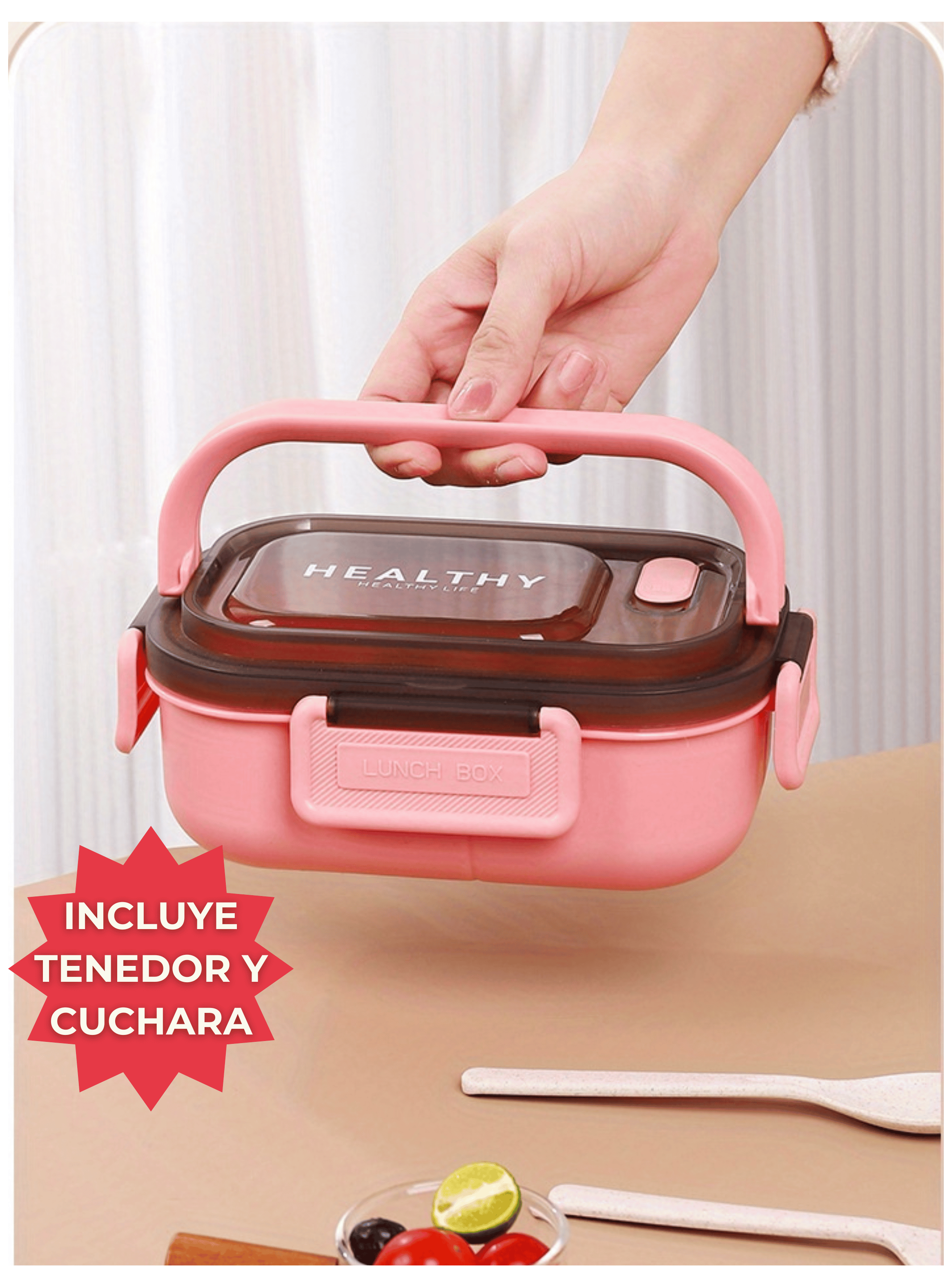 Fiambrera Contenedor 1200 Ml Bento Box Táper Hermético + Salsera Plástico Pink-6