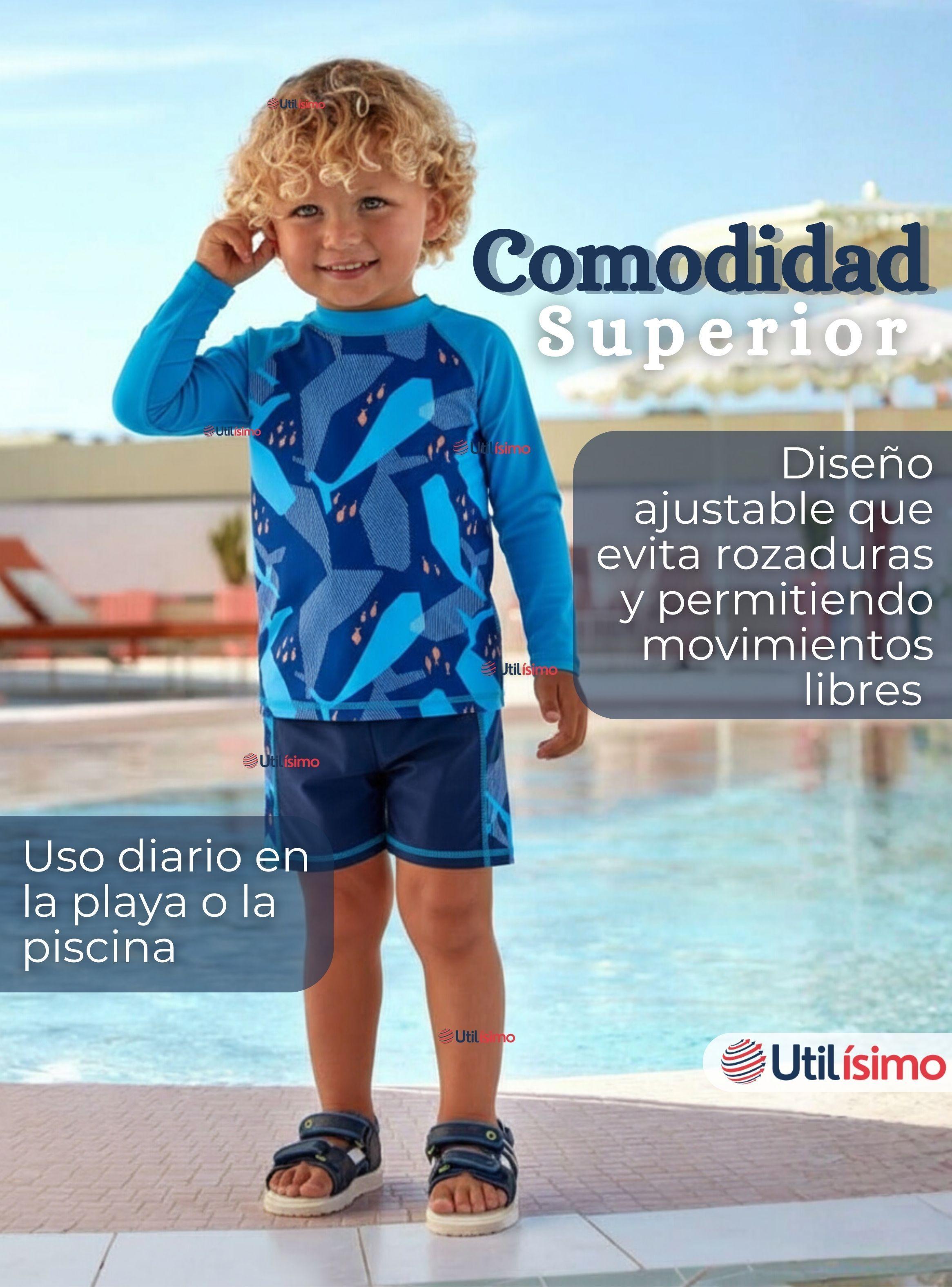 Traje de Baño Polera Manga Larga Pantalón Corto 2 Piezas Corte Split Niño 3 a 9 años Blue-4