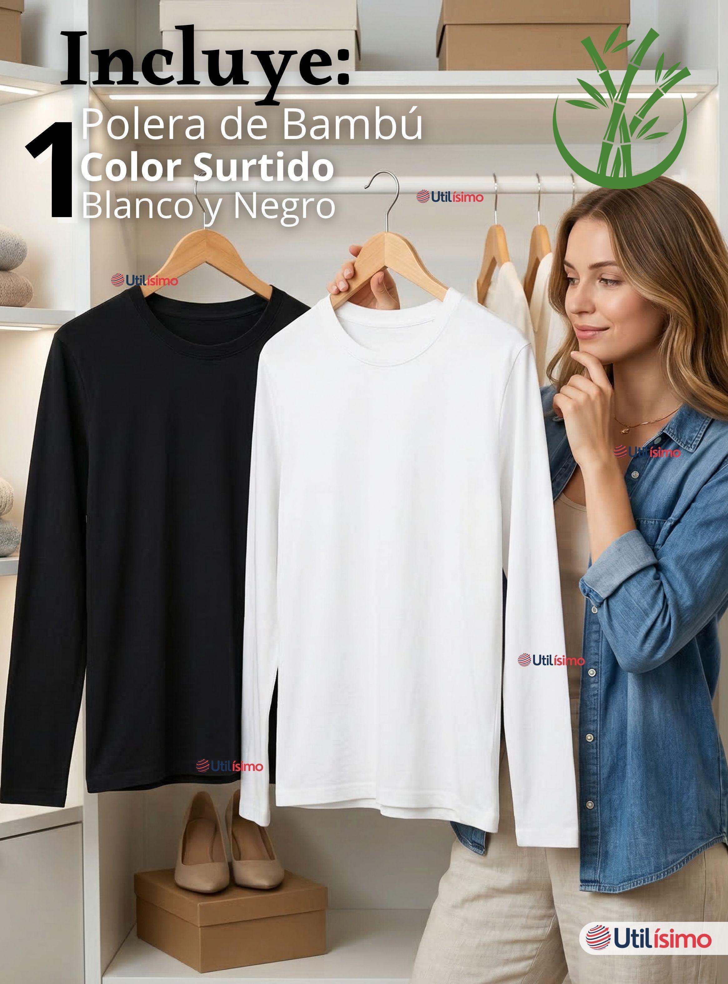 Camiseta Polera Bambú Primera Capa Manga Larga Blanco Negro de Mujer-2