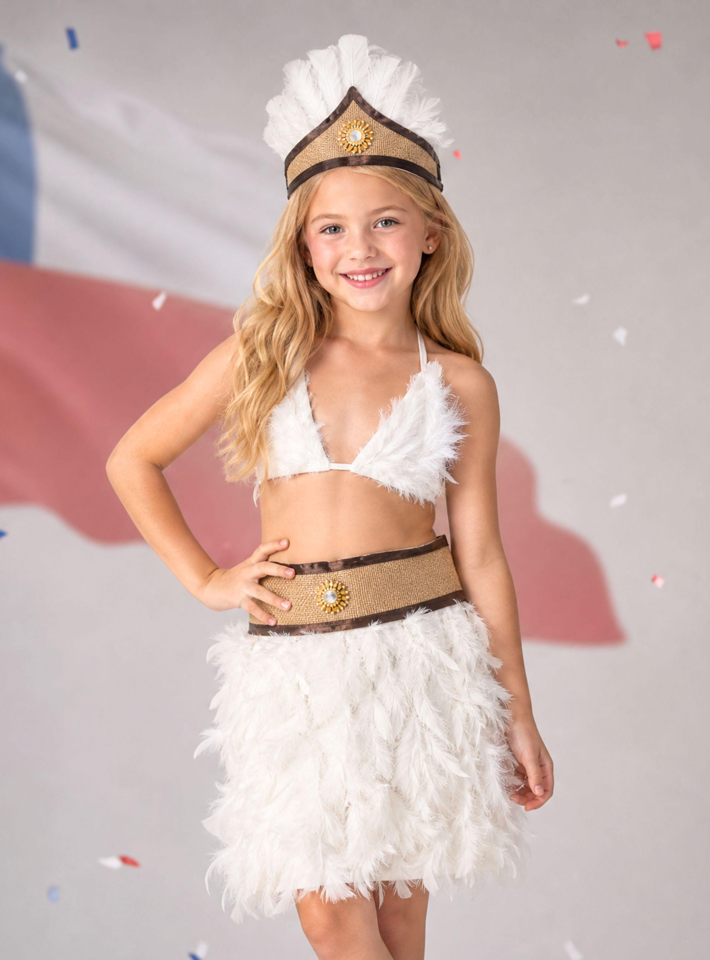 Traje Pascuense Blanco Con Plumas 3 Piezas Típico de Niña Rapa Nui Fiestas Patrias-0