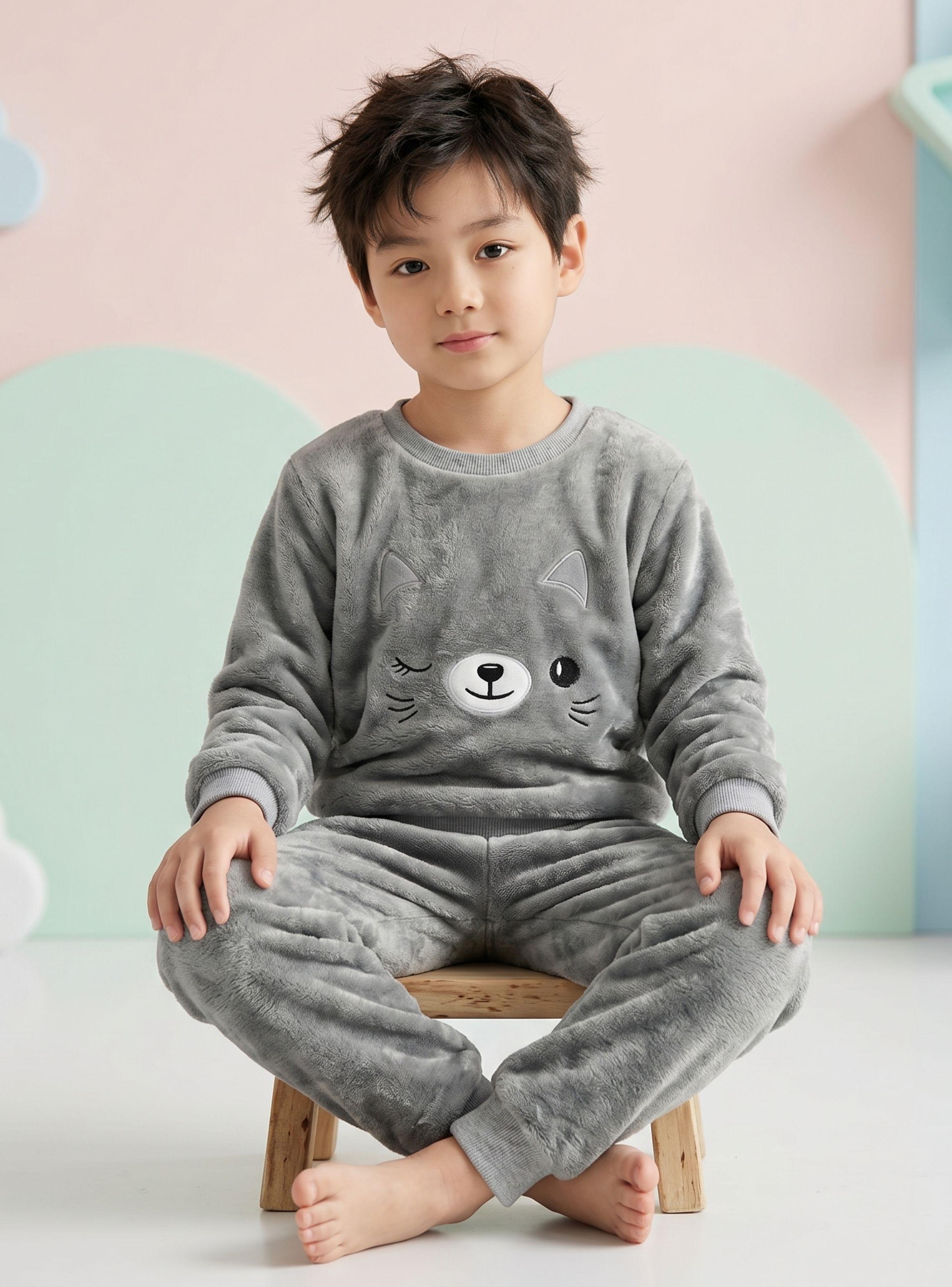 Conjunto 2 Piezas Buzo Polerón Frizado Bebe Niño Corderito Liso Gray Cat-0