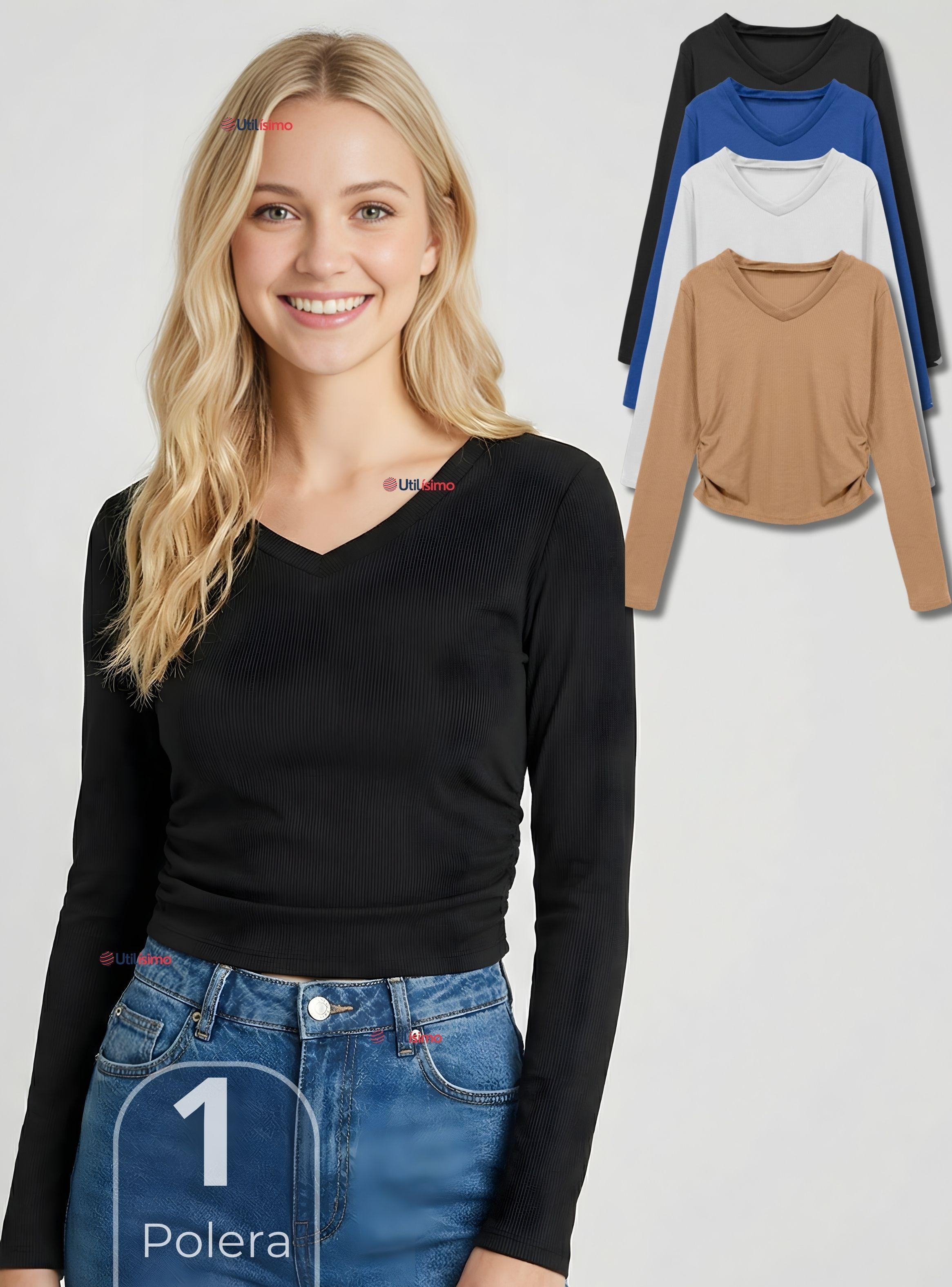 Camiseta Polar Polera Cuello V Mujer Manga Larga Tela Acanalada Color Surtidos-0