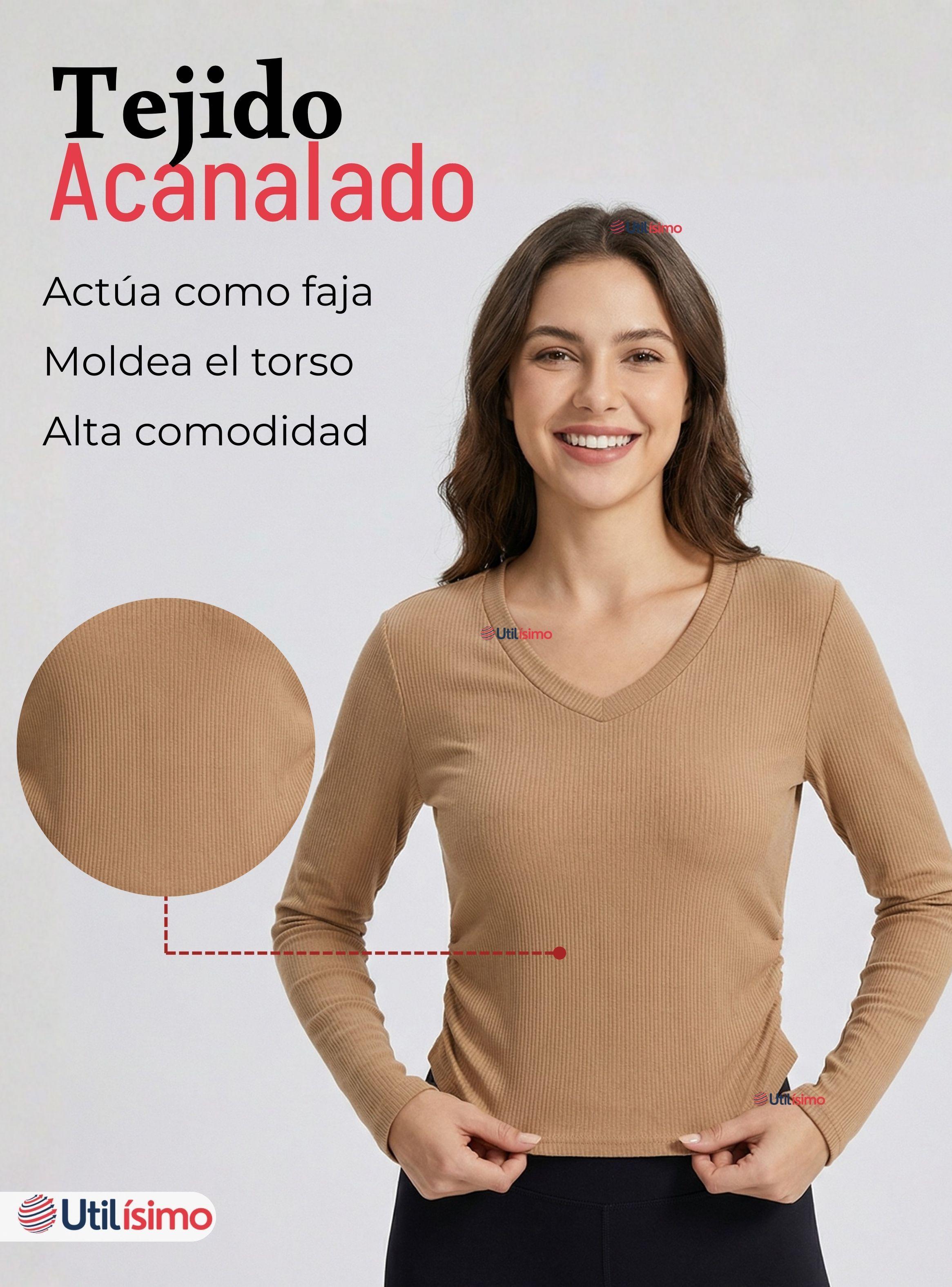 Camiseta Polar Polera Cuello V Mujer Manga Larga Tela Acanalada Color Surtidos-4