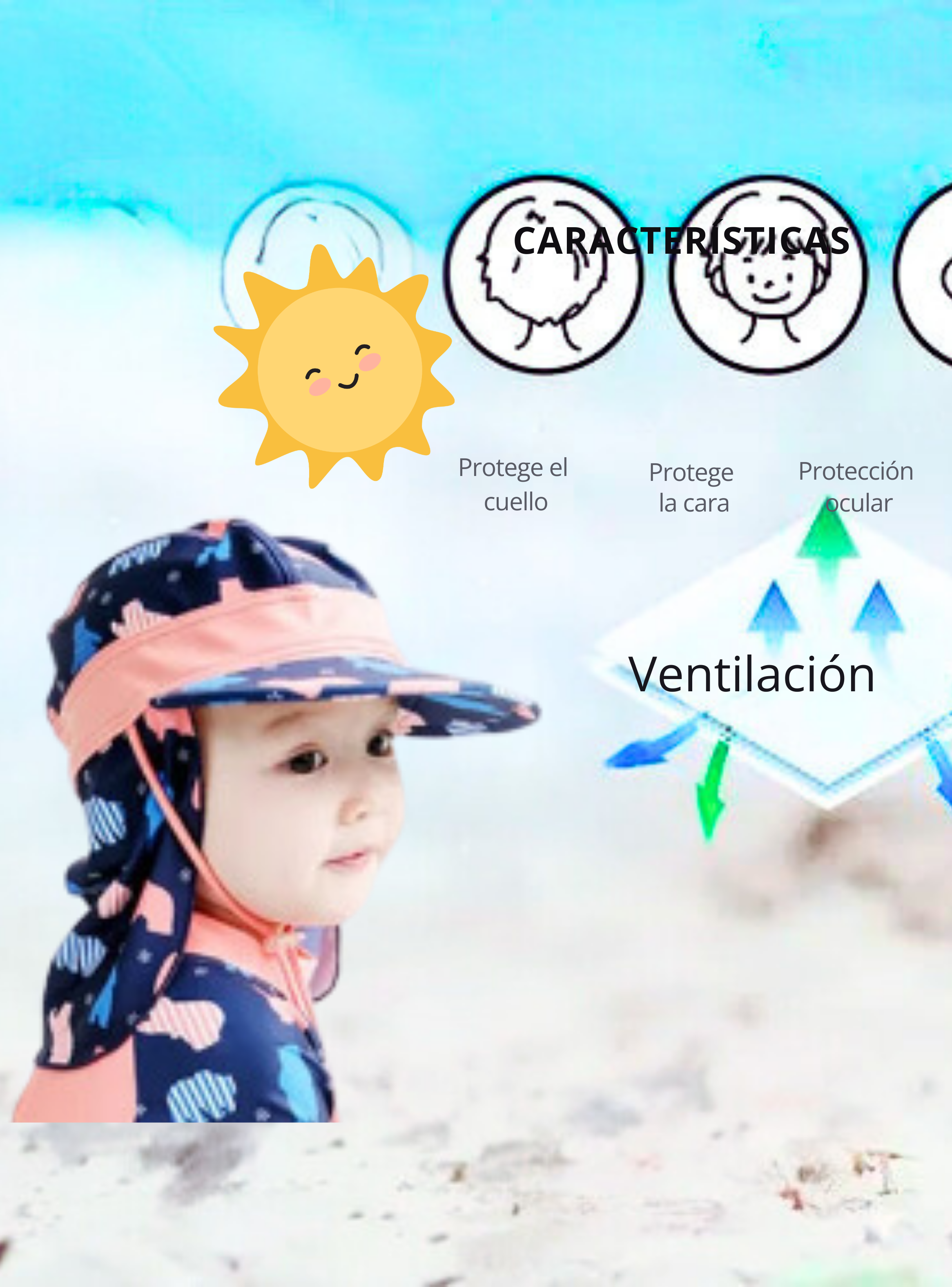 Gorro para el Sol con Solapas Protección UV Niños de 1 a 10 Años Azul Osos-2