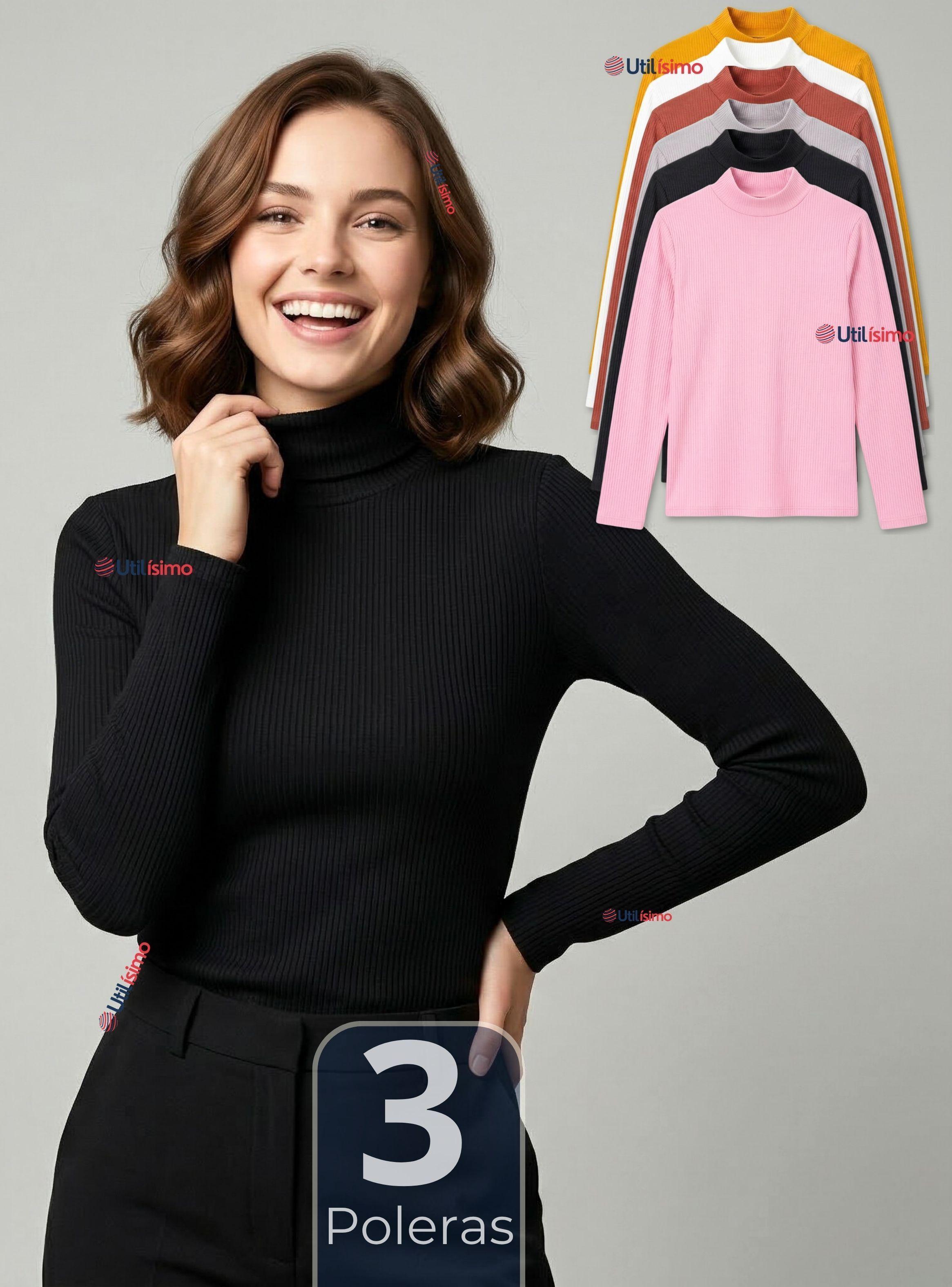 Pack 3 Camiseta Polera Polar Primera Capa Acanalada Cuello Beatle Manga Larga Color Surtidos Mujer-0