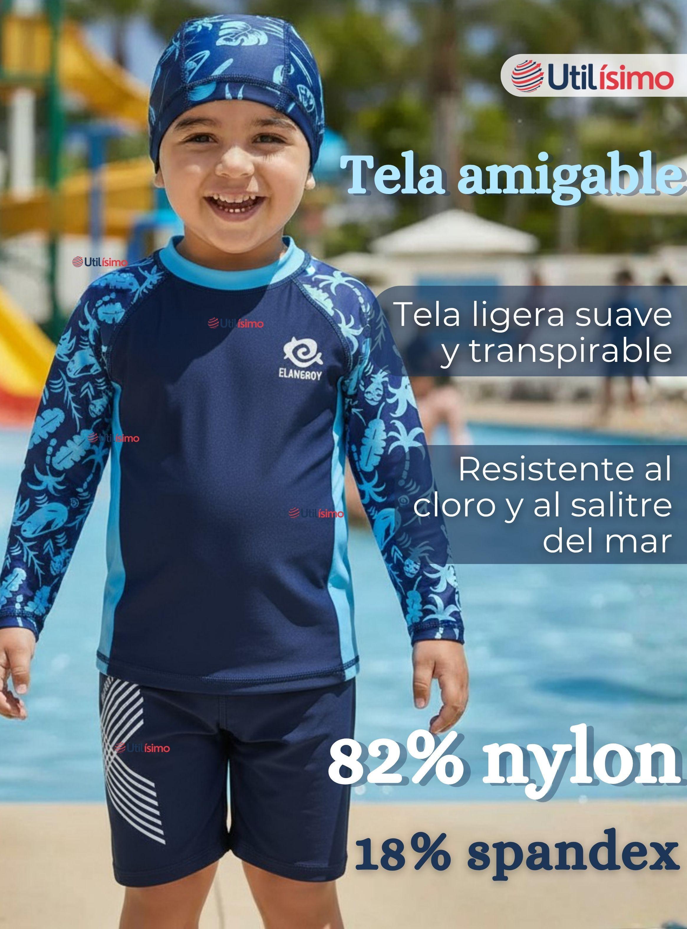 Traje de Baño Con Gorro Pantalón Corto Manga Larga 3 Piezas Corte Split Niño 2 a 8 años Blue-2