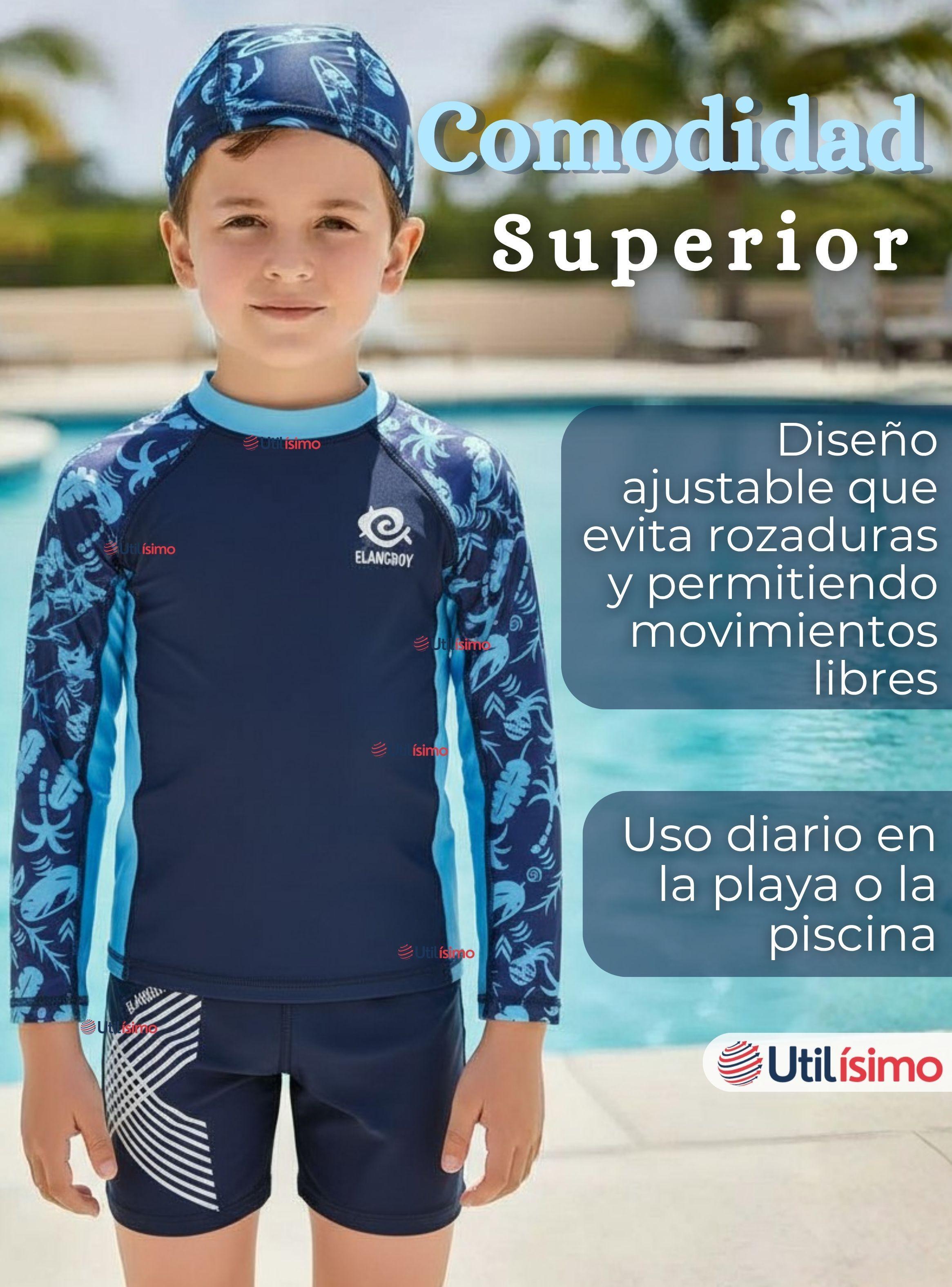 Traje de Baño Con Gorro Pantalón Corto Manga Larga 3 Piezas Corte Split Niño 2 a 8 años Blue-6