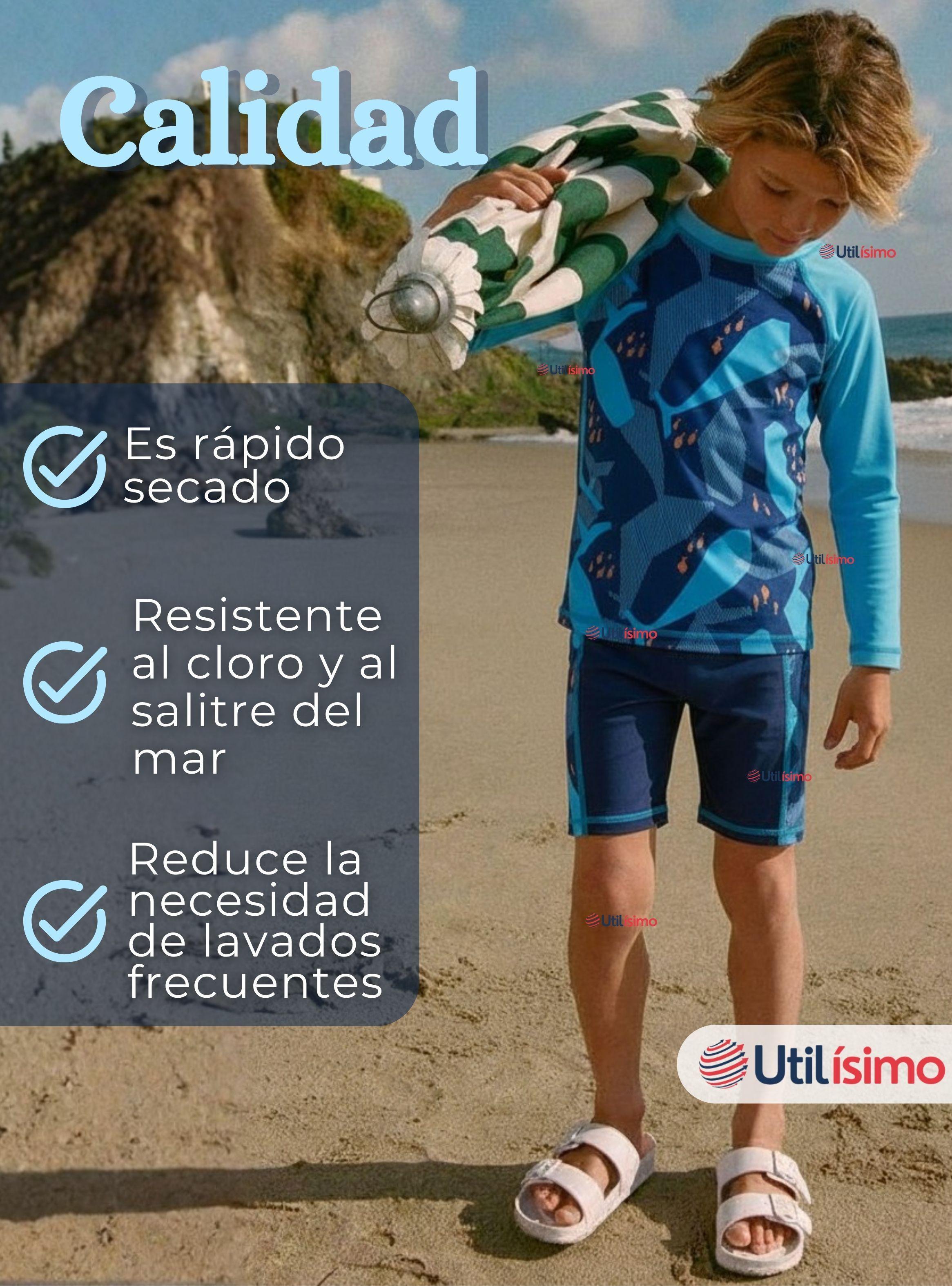 Traje de Baño Manga Larga Pantalón Corto 2 Piezas Corte Split para Niños 3 a 9 años Blue-7