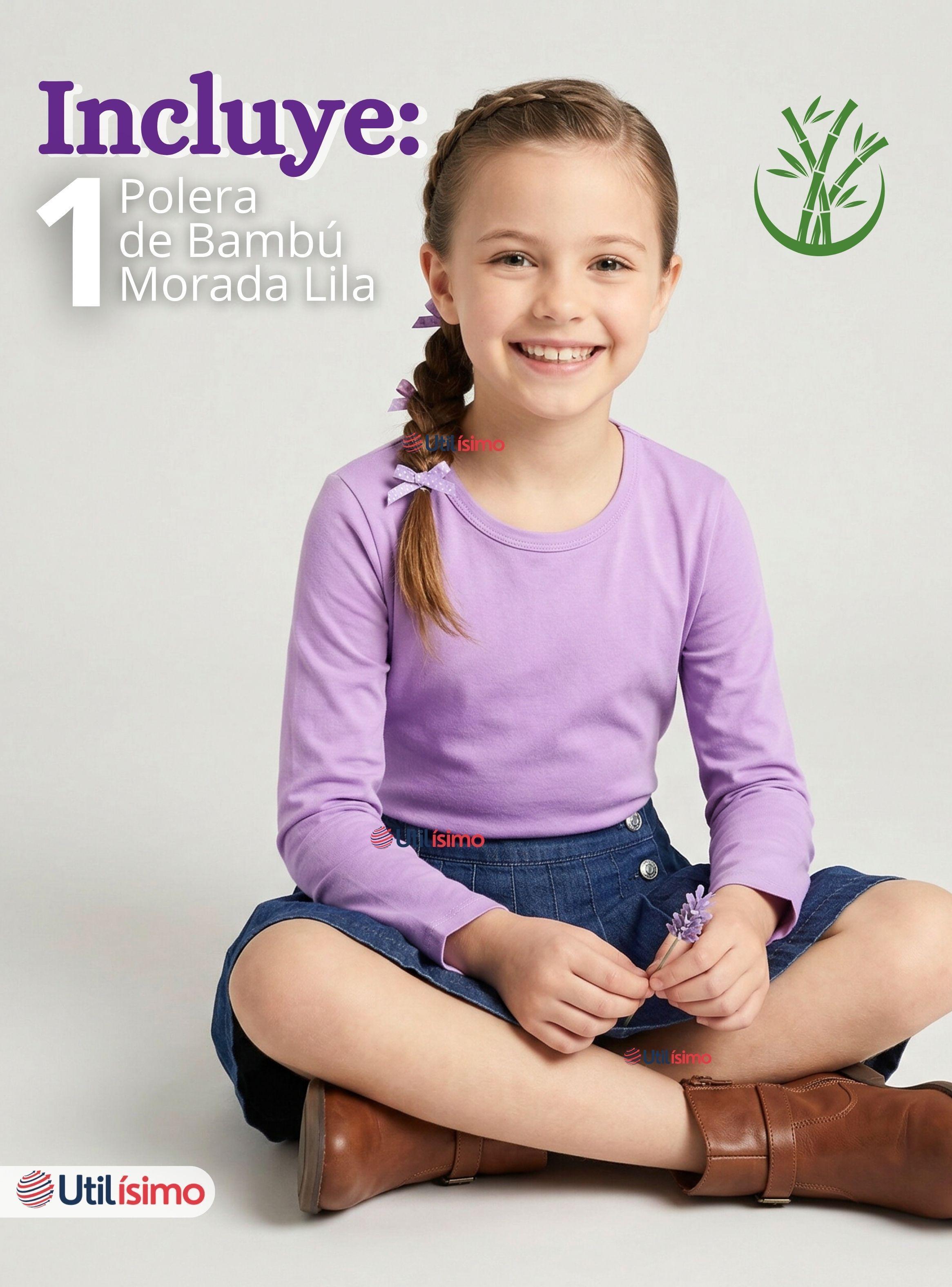 Camiseta Polera Bambú Cuello Redondo Lila Primsera Capa Mangas Largas Niñas-1