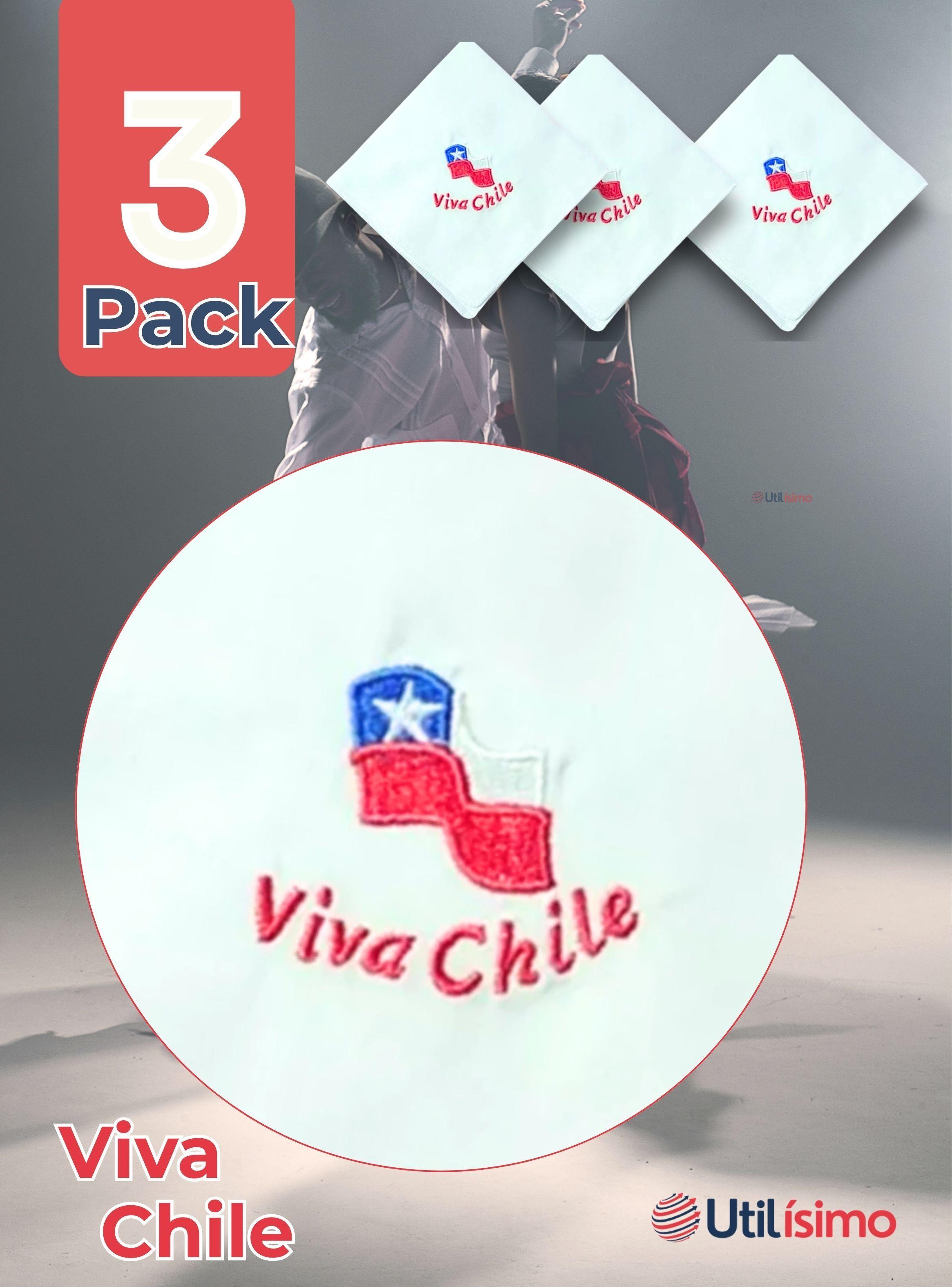 Pack 3 Pañuelos Baile Cueca 36 CM Bordado Viva Chile Baile Fiestas Patrias-2