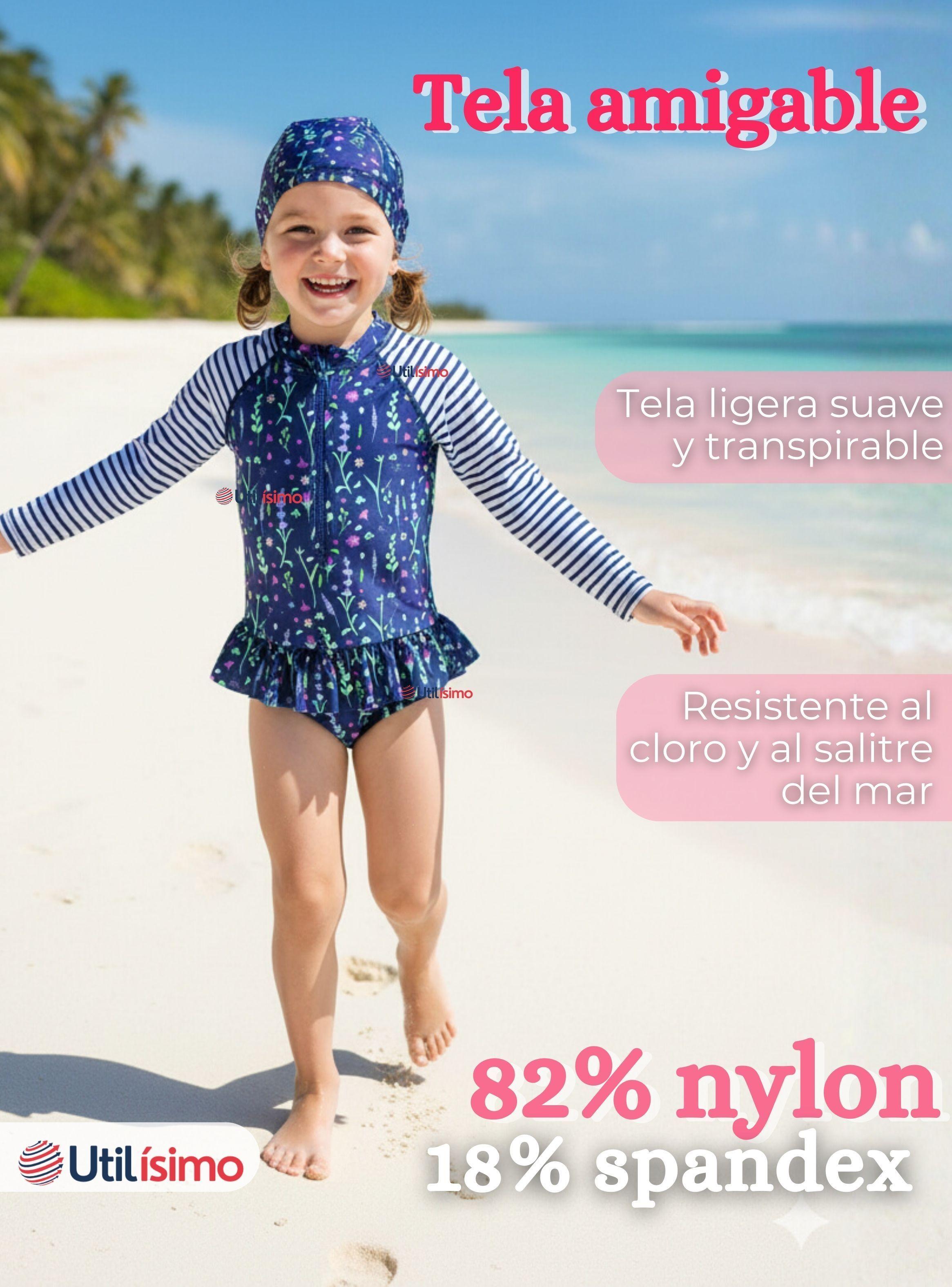 Traje de Baño Enterito Cremallera Manga Larga Con Gorro para Niñas de 1 a 8 años Blue Flowers-2