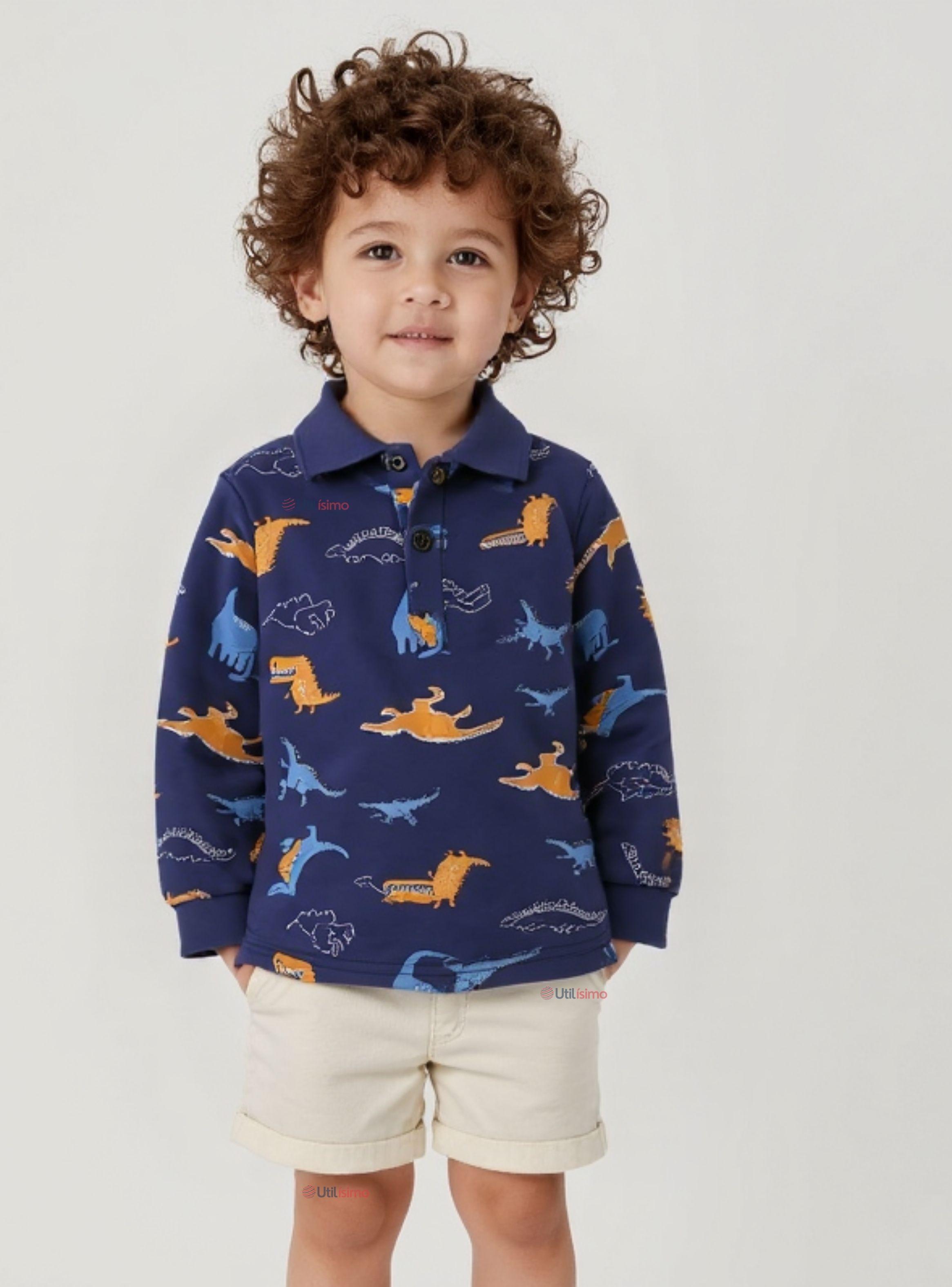 Polera Piqué Manga Larga Niño Estampado Dinosaurios Azul-0